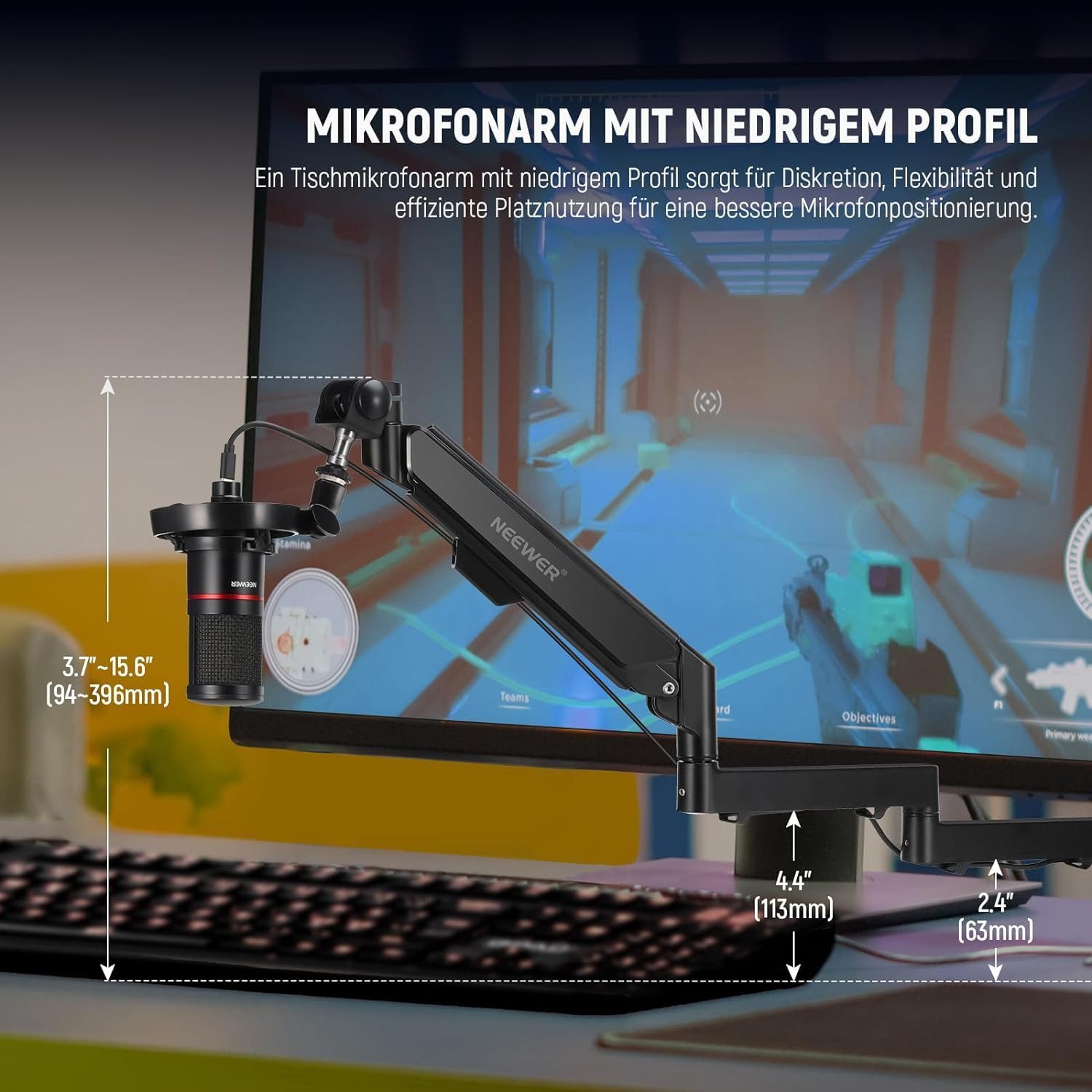 Neewer Mikrofonständer MS002 Mikrofonarm mit pneumatischer Dämpfung, 360° schwenkbarer, (Packung), Tischhalterung C-Klemme, für Shure Gaming Streaming Podcast Mikrofone