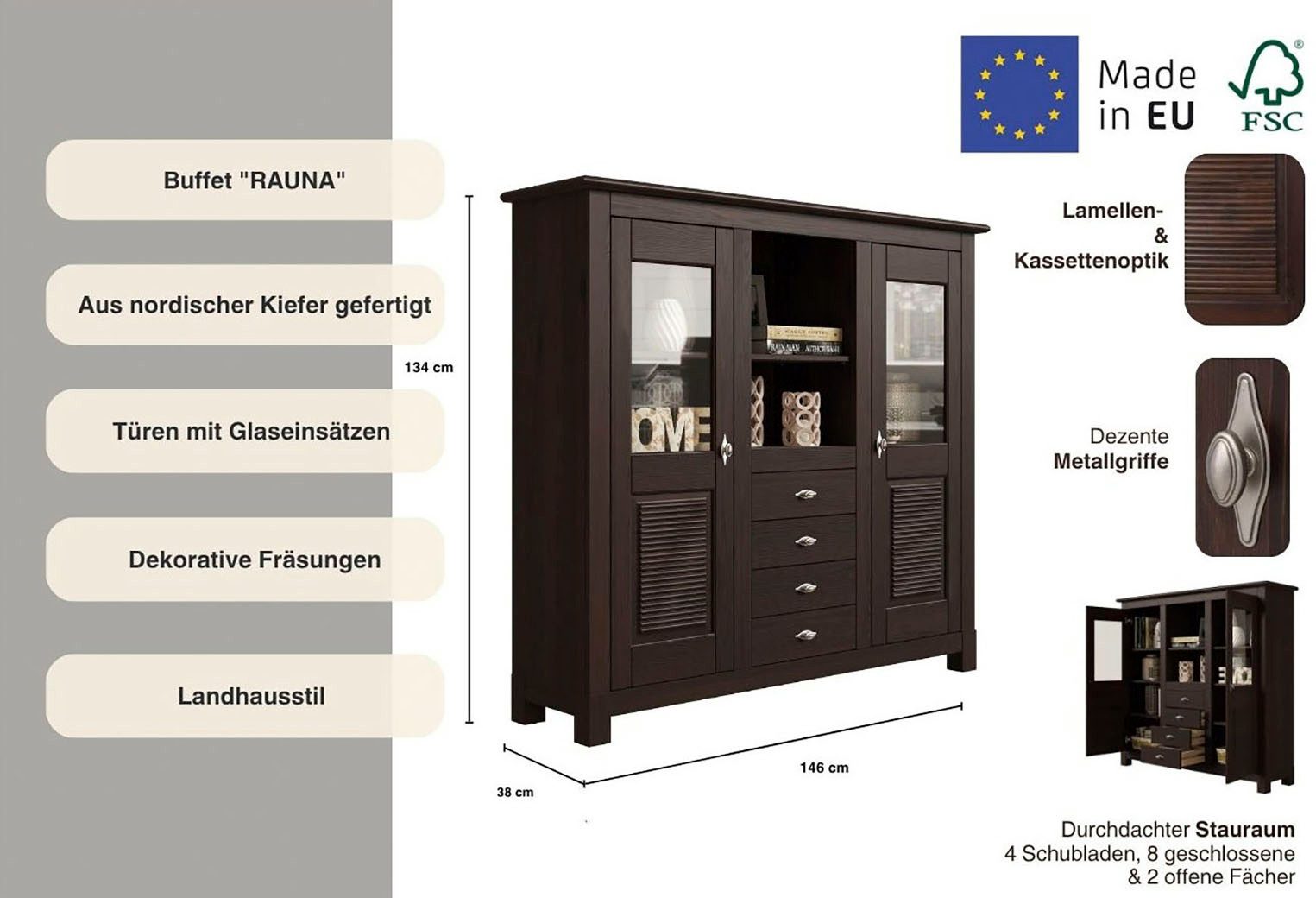 OTTO home Buffet Rauna Highboard, massive Kiefer, Türen mit Glaseinsätzen, B/H 146/134 cm
