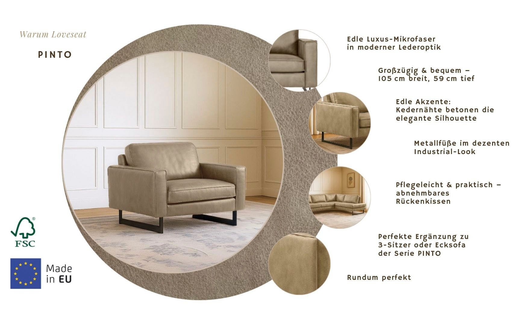 Home affaire Loveseat Pinto 105 cm, Cord, Chenille, Lederoptik, mit Keder, Metallfüßen und auch in Cord Bezug erhältlich