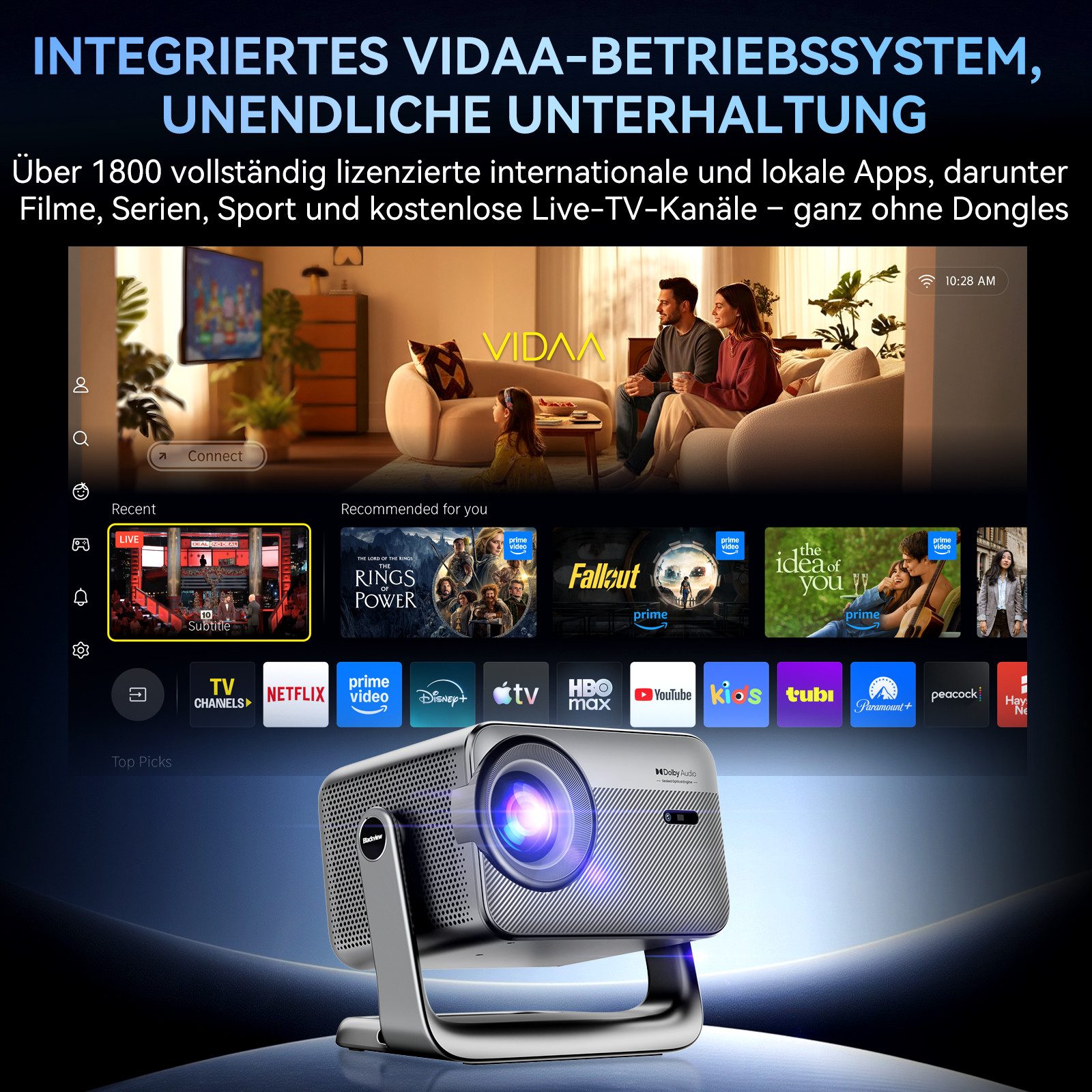 blackview PV1000 Max Heimkino-Beamer: ECHT Dolby, 4K/1080P, Gaming-Modus Beamer (1500:1, 1920 x 1280 px, Sprachsteuerung/Autofocus/bis 150 Inches Screen/Kindersicherung)