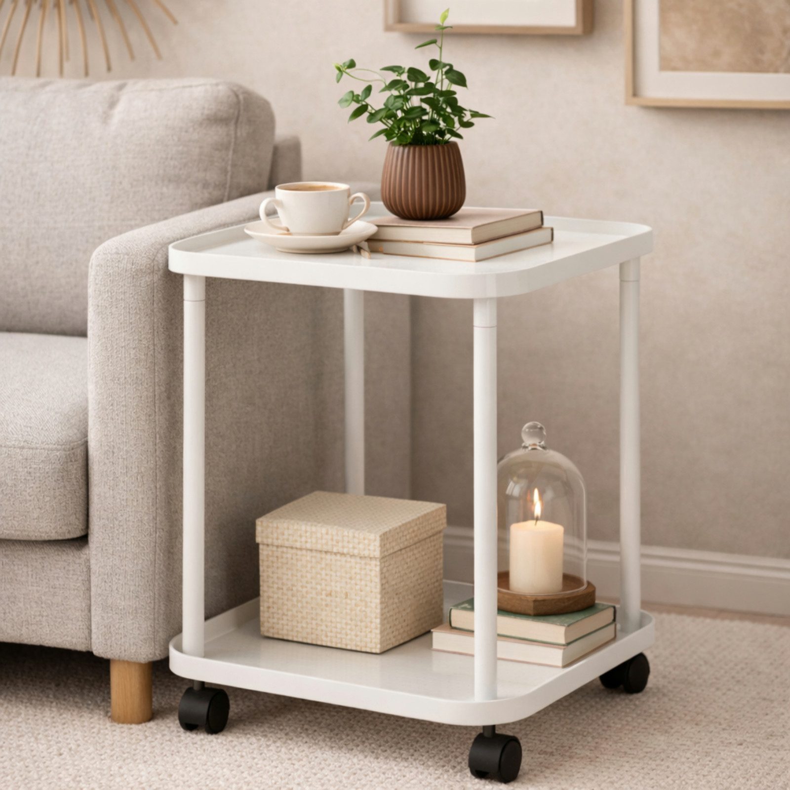Koopman Beistelltisch Sofatisch Kaffeetisch Rolltisch 49x38x38cm Rollen Metall Weiß (1-St), 4 Rollen, 2 Ablagen, 360° drehbar, einfache Montage, Wohnzimmer