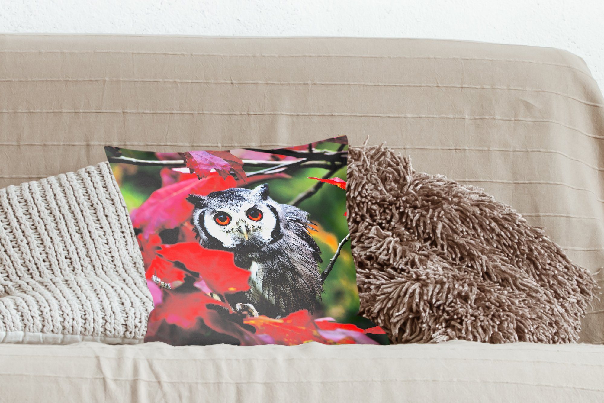 - mit für Herbst, Sofakissen Laub Zierkissen Schlafzimmer, Dekokissen Deko, MuchoWow Vogel Wohzimmer, Eule - - Füllung