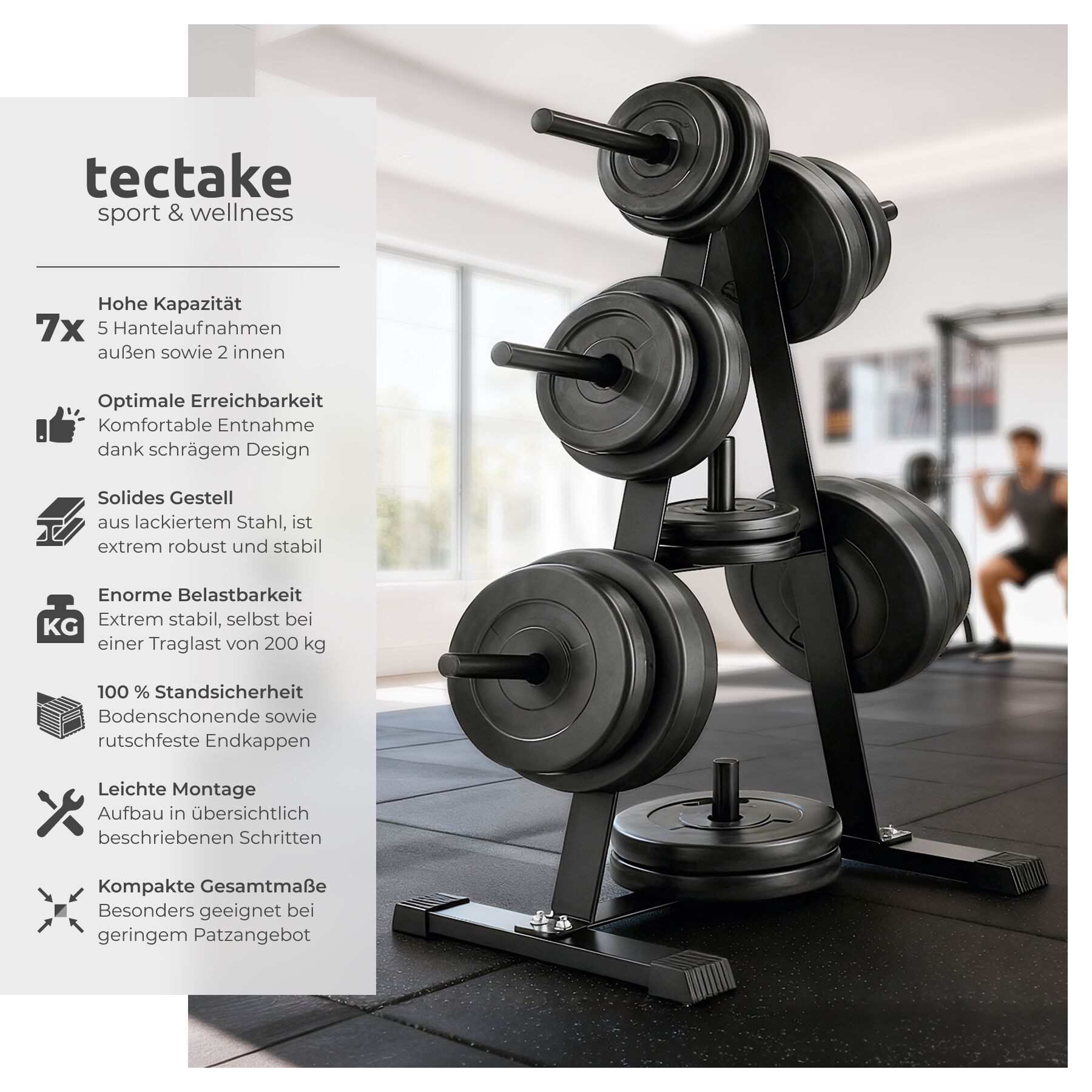 tectake Hantelbank Fitnessbank, bodenschonende Kunststoffkappen, Belastbarkeit 200 kg, (Trainingsbank, in schwarz), Mit 7 Aufnahmen, Scheibenaufnahme 25 mm, platzsparend, fester Stand