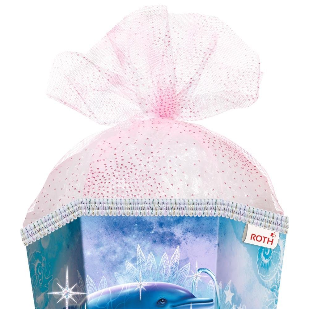 Roth Schultüte Delfine mit Glitter & Glitzerborte, 85 cm, eckig, rosafarbiger Tüllverschluss, Zuckertüte für Schulanfang – Bild 4 von 5