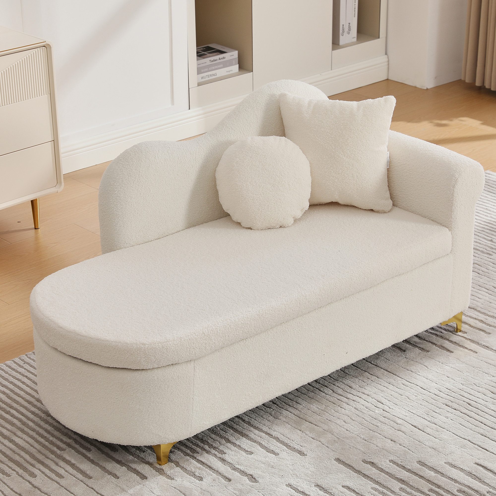 MODFU Chaiselongue Multifunktionale Chaiselongue 134x64x70 cm, Teddyplüsch, Wellenförmige Rückenlehne, hochdichter Sitzkissen 1 Teile, Inkl. Lenden- & Nackenkissen, Stauraum integriert