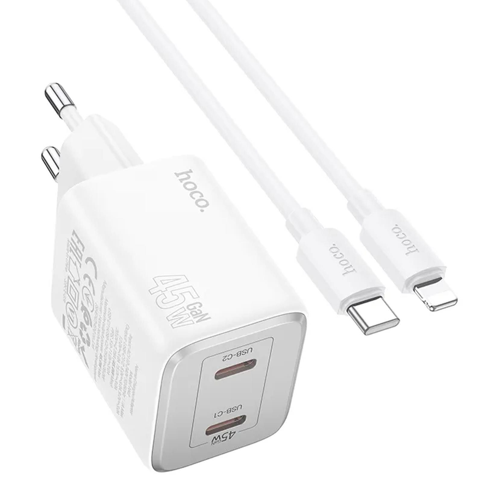 hoco. 45W USB Typ C Smartphone-Ladegerät (3000 mA, Netz Lade Stecker Ladegerät USB inkl. USB Typ C auf Lightning Kabel)