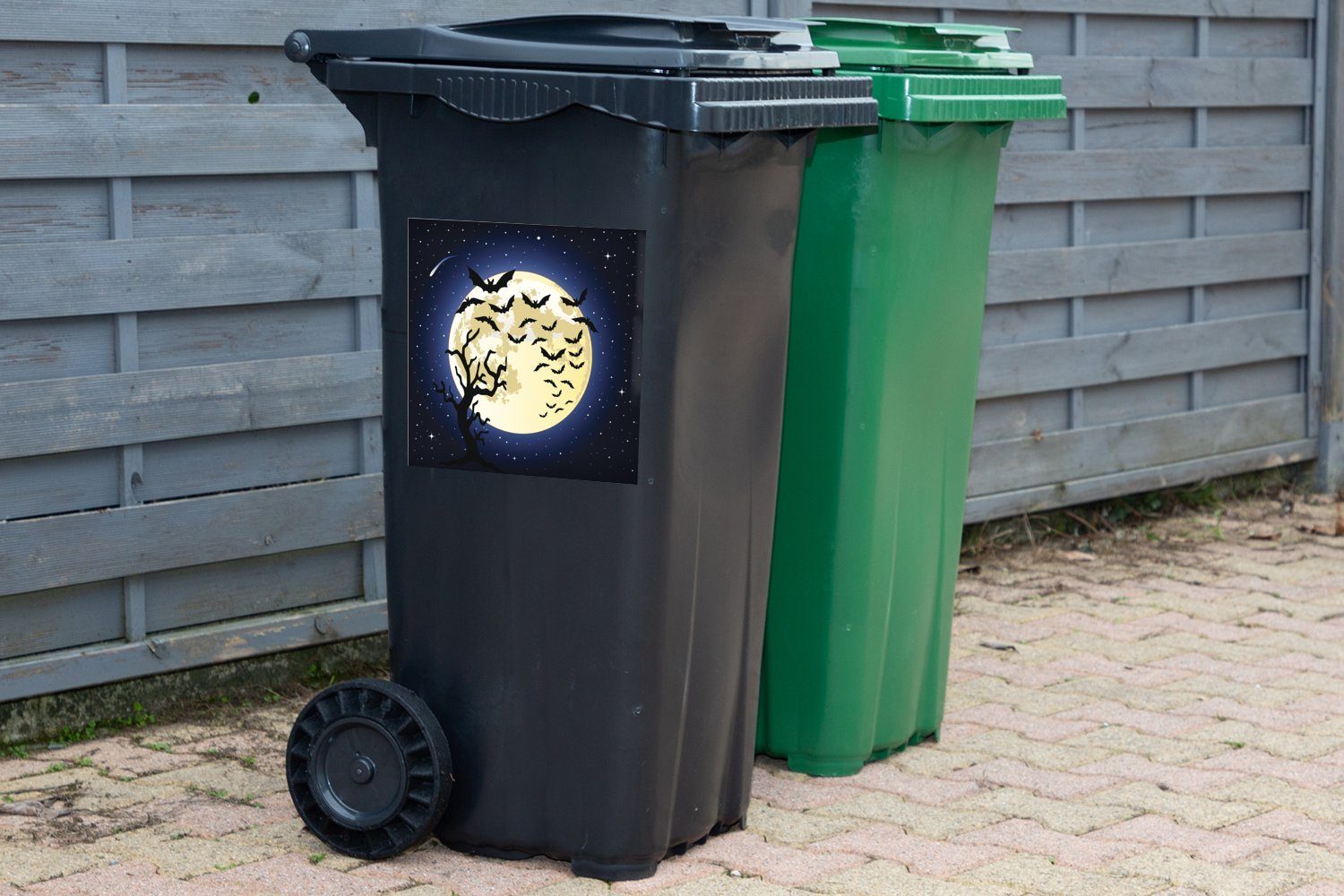 MuchoWow Wandsticker vor Sticker, (1 Illustration St), Mülleimer-aufkleber, von Container, Vollmond Abfalbehälter einem Fledermäusen Mülltonne