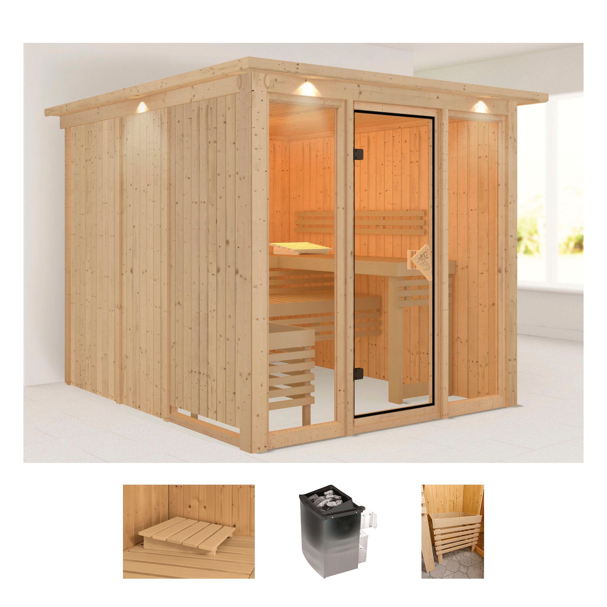 welltime Sauna Artja, BxTxH: 240,5 x 248 x 202 cm, 68 mm, (Set) Ofen 9 kW integr. Strg