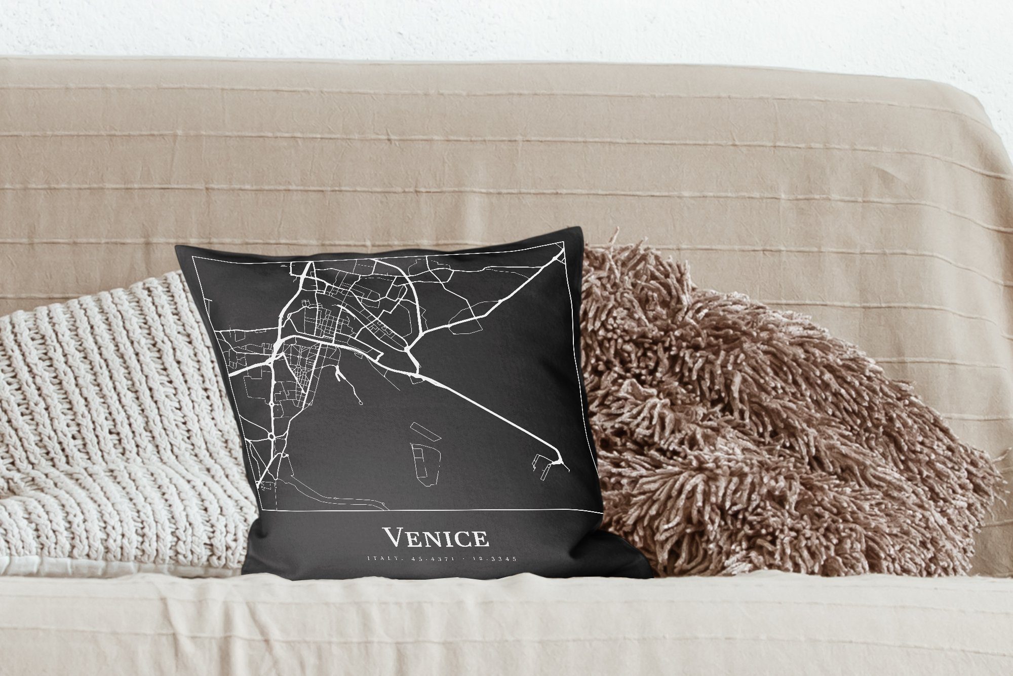 Venedig Deko, Sofakissen - Venedig, Dekokissen Stadtplan Schlafzimmer, Füllung MuchoWow mit - Zierkissen Wohzimmer, Karte für -