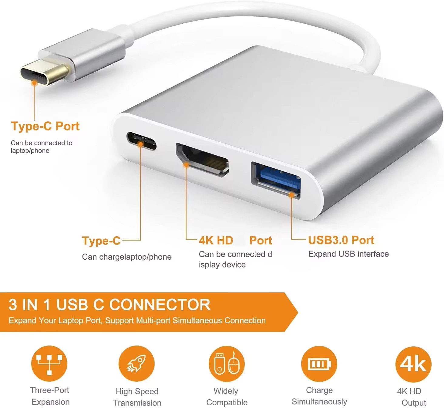TradeNation Laptop-Dockingstation 3IN1 USB C Hub Adapter Typ-C auf USB HDMI 4K HD TV Kabel Mac Samsung, (1 St), Schnellladen