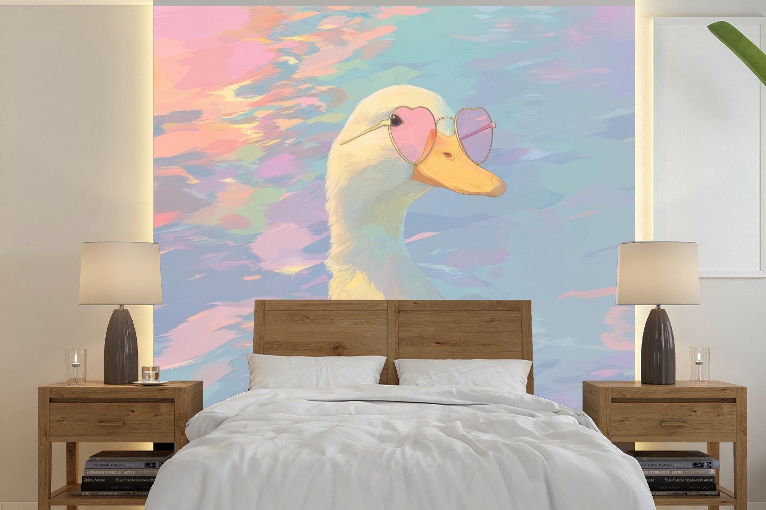 MuchoWow Fototapete Ente - Sonnenbrille - Wasser, Matt, bedruckt, Vliestapete für Wohnzimmer Schlafzimmer Küche, Fototapete, 220x220 cm