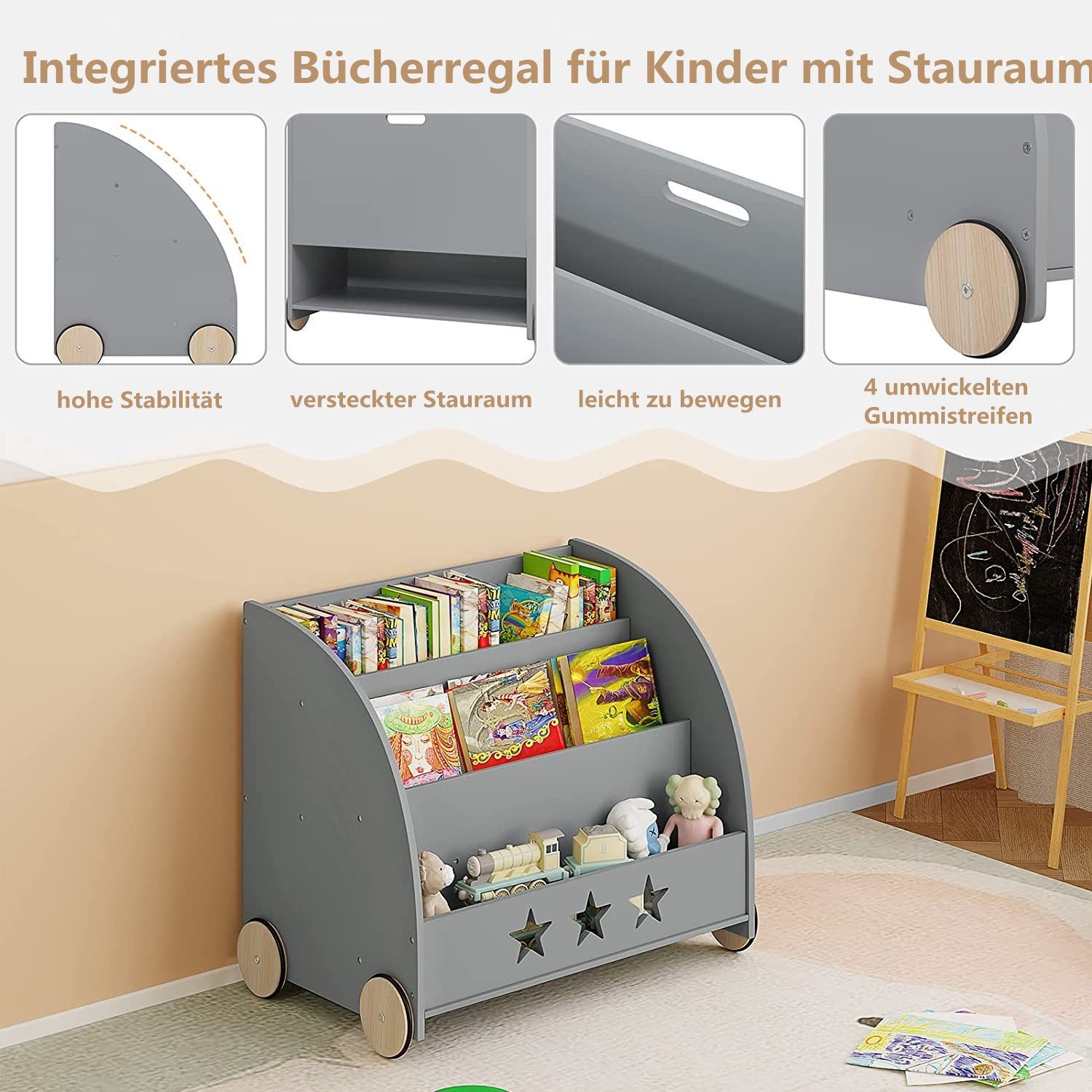 Woltu Bücherregal, 1-tlg., Kinderregal für Bücher mit Rollen aus Holz grau