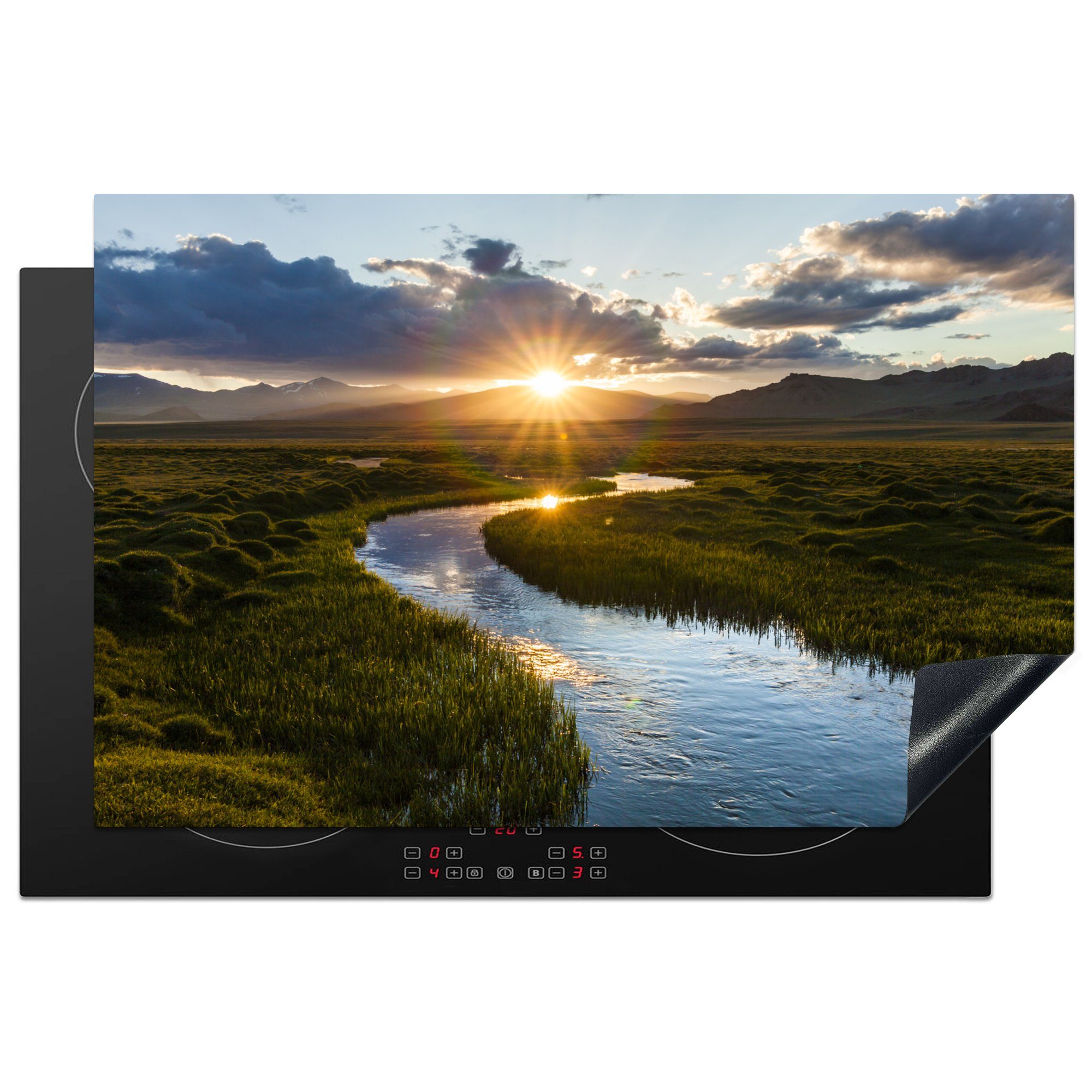 MuchoWow Herdblende-/Abdeckplatte Sonnenuntergang über einem ruhigen Fluss, Vinyl, (1 tlg), 81x52 cm, Induktionskochfeld Schutz für die küche, Ceranfeldabdeckung