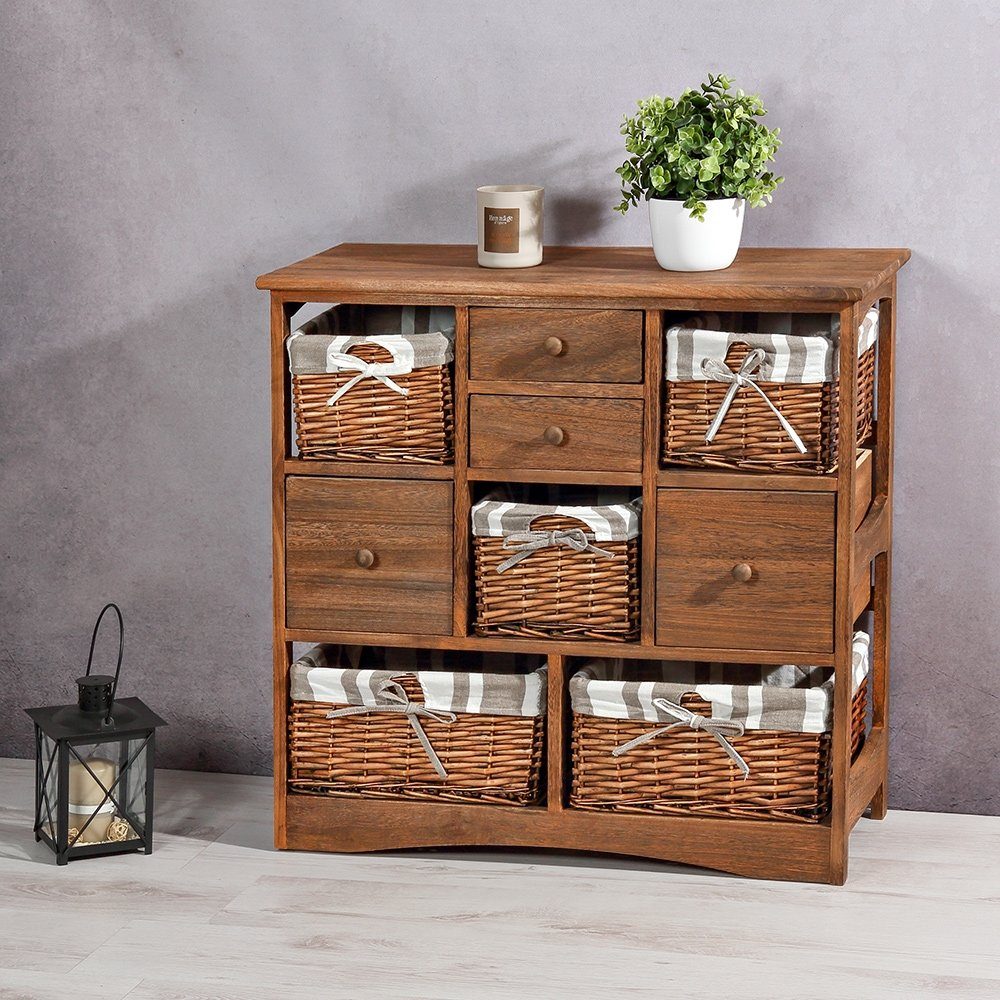 Mucola Kommode Sideboard Anrichte Beistellkommode Schrank Braun Schubladen Shabby (Stück), mit 4 Schubladen und 5 Körben, mit 5 Körben