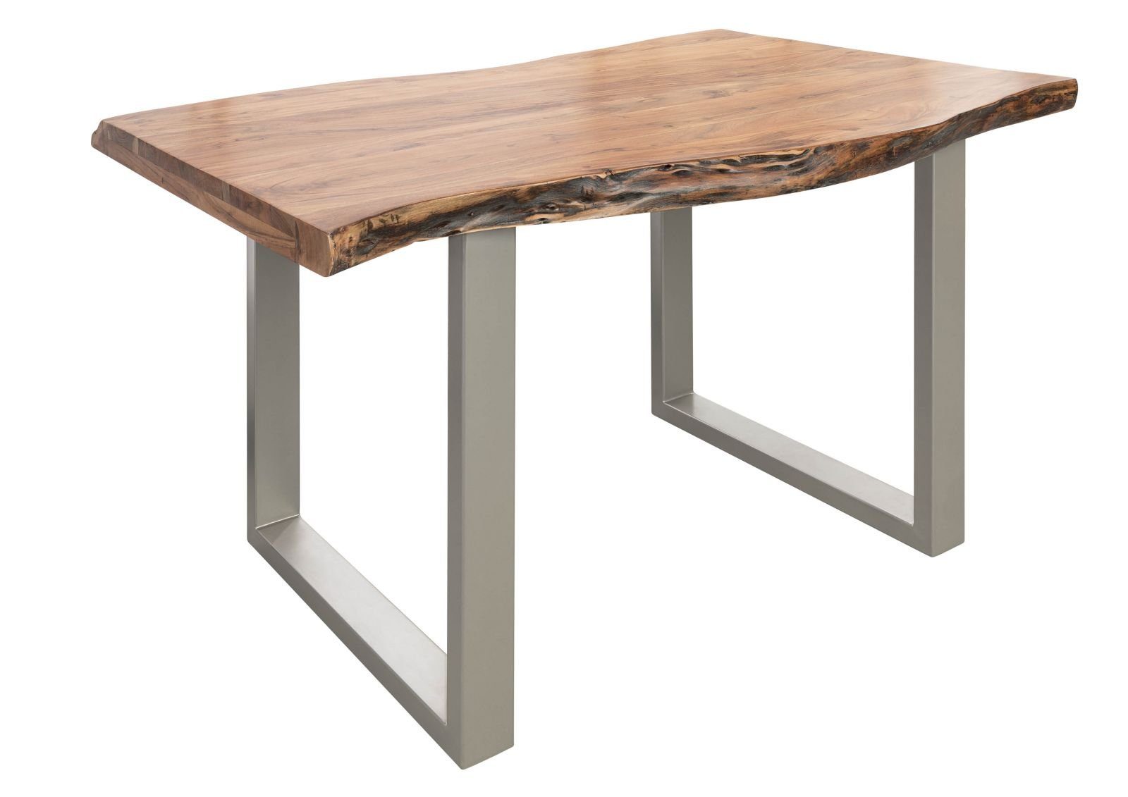 Massivmoebel24 Baumkantentisch FREEFORM (Baumtisch Akazie 140x90x77 natur / U-Beine silber FREEFORM 5), Baumtisch Akazie 140x90x77 natur / U-Beine silber FREEFORM 5
