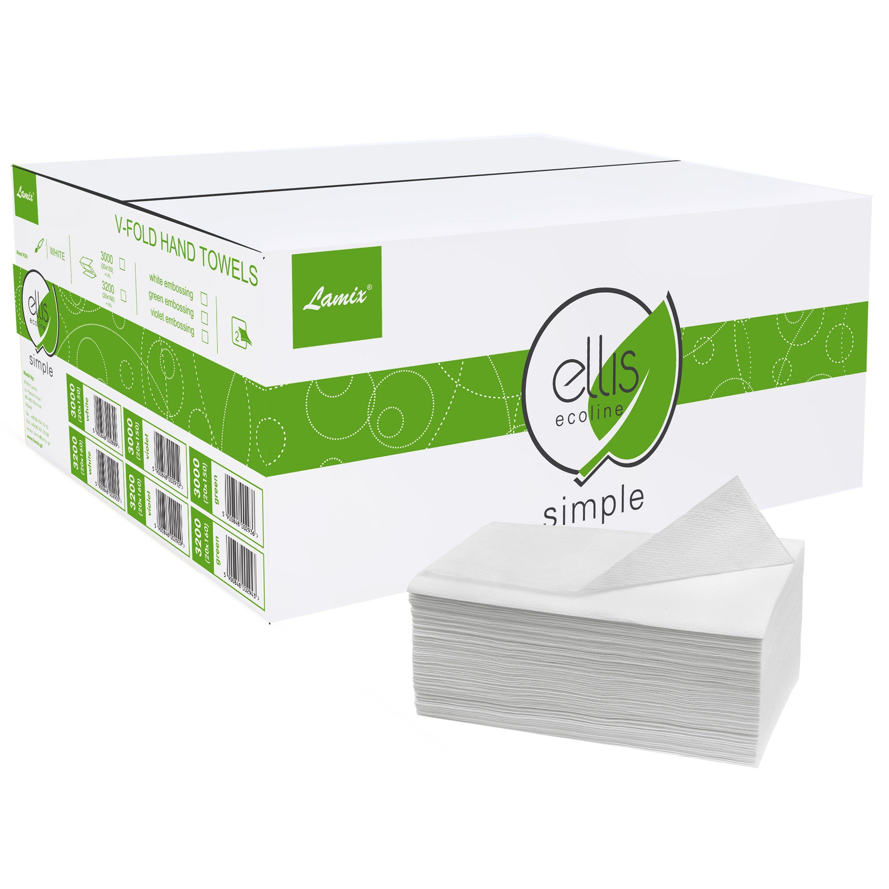 Sarcia.eu Papierhandtuch ELLIS Ecoline Papierhandtuch, zweilagig, weiß (3000-St)