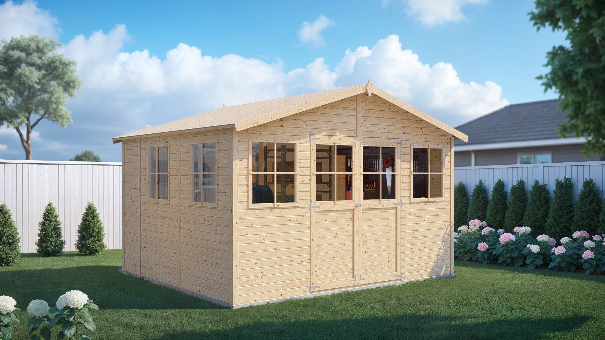 BERTILO Gartenhaus Workshop Smith naturbelassen, BxT: 364x335 cm, Großes Gartenhaus aus exakt vorgefertigten Elementen