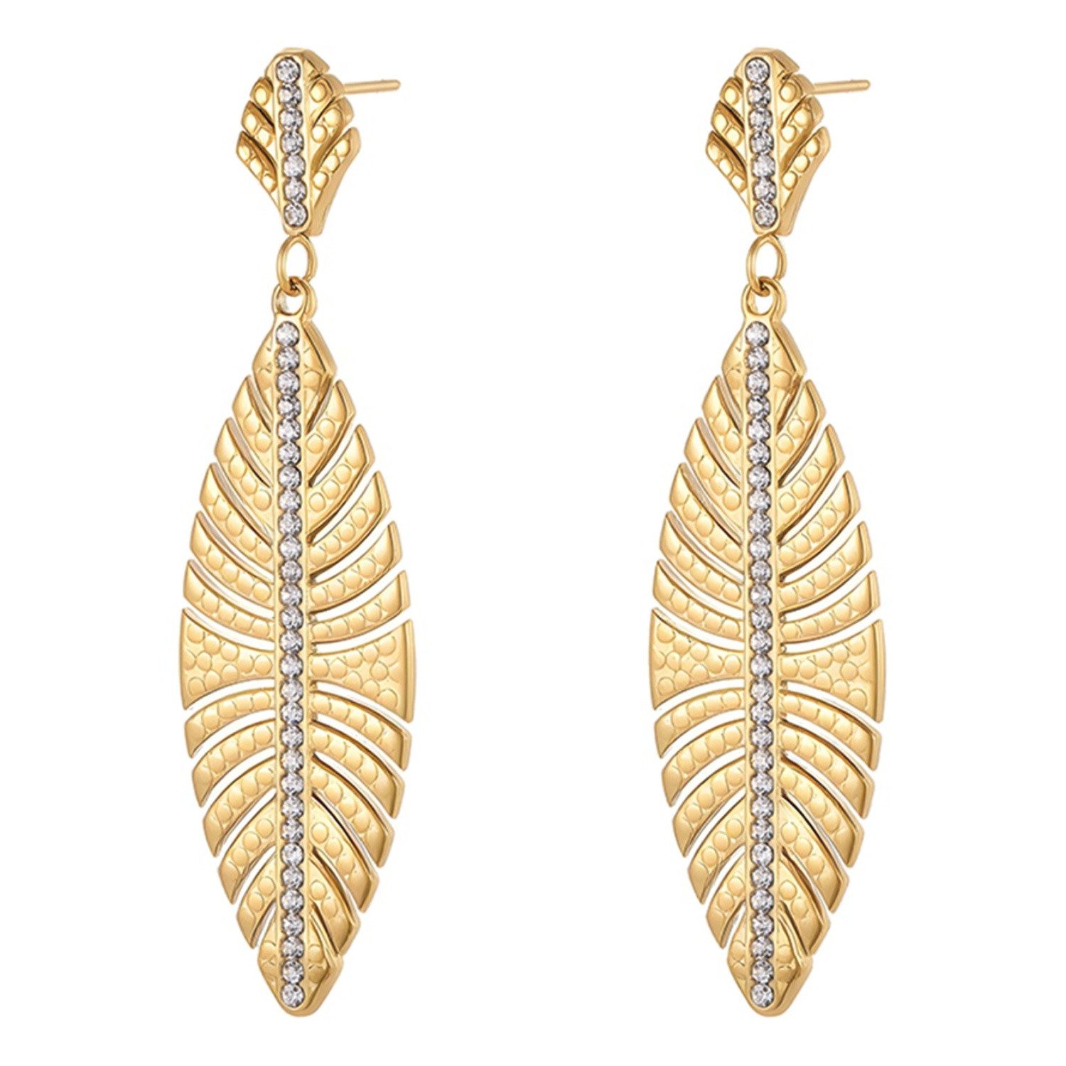 KARMA Paar Ohrhänger Blatt Gold 8 cm Edelstahl vergoldet Kristalle Damenohrringe (2-tlg., Ohrschmuck Damen Geschenk für Sie Blätterdesign), Ohrringe Ohrschmuck Damenschmuck