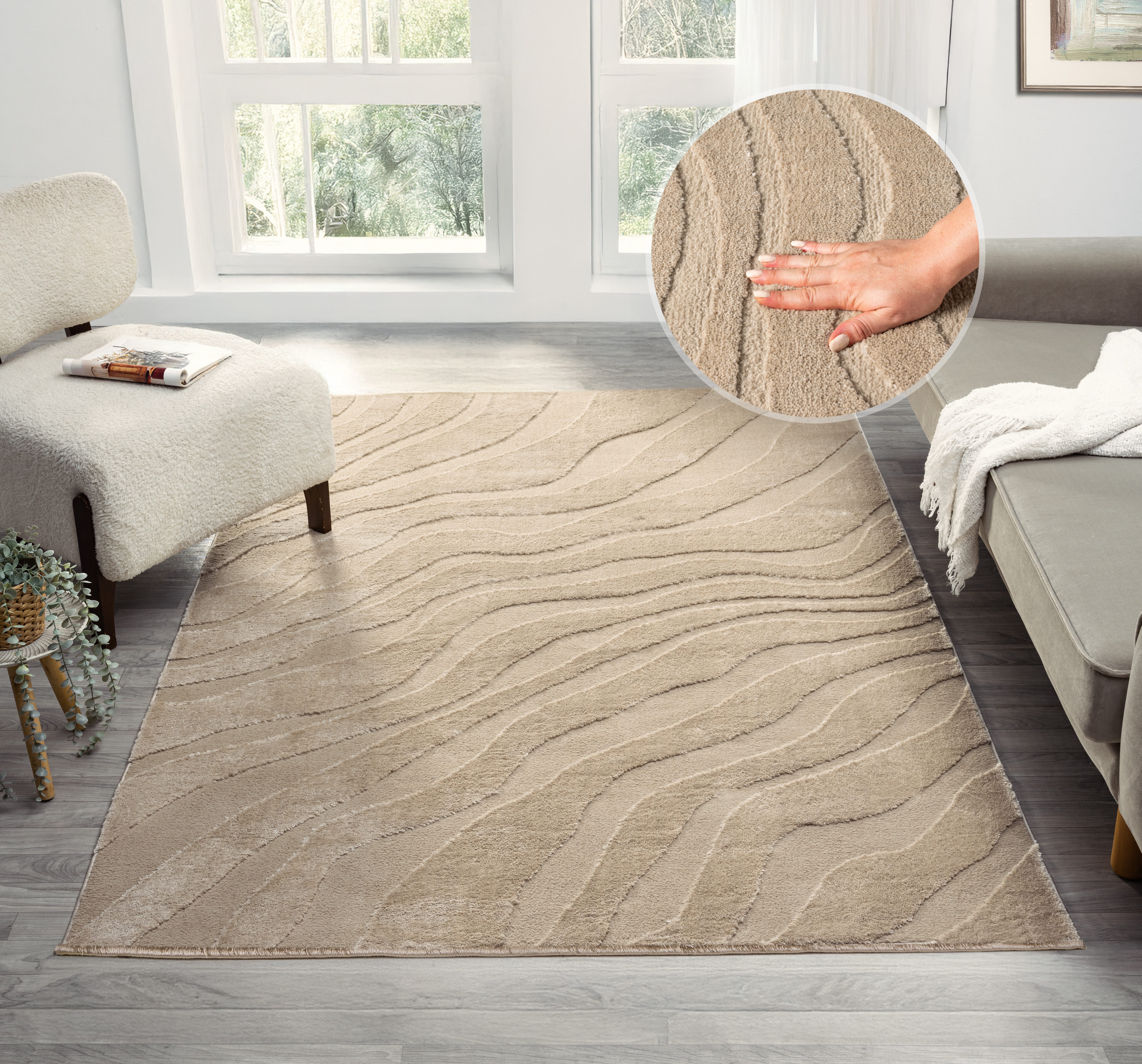 OTTO home Teppich Benia, Hoch-Tief-Struktur, rechteckig, Höhe: 19 mm, Wellen-Design, leichter Glanz, modern, Wohnzimmer, Schlafzimmer