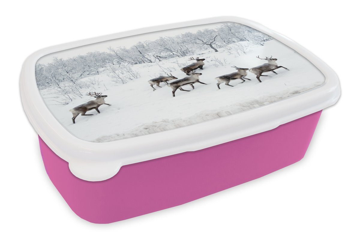 MuchoWow Lunchbox Rentier - Schnee - Wald - Winter, Kunststoff, (2-tlg), Brotbox für Erwachsene, Brotdose Kinder, Snackbox, Mädchen, Kunststoff rosa