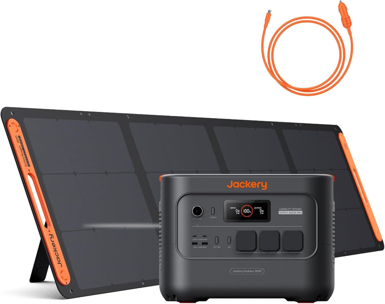 Jackery Stromerzeuger E3000 v2 mit 200W mit Kabel, 3072Wh/3600W tragbare Powerstation, 7,2 in kW, mit Kfz-Ladekabel für Notstrom, Camping, Wohnmobil & Haushalt