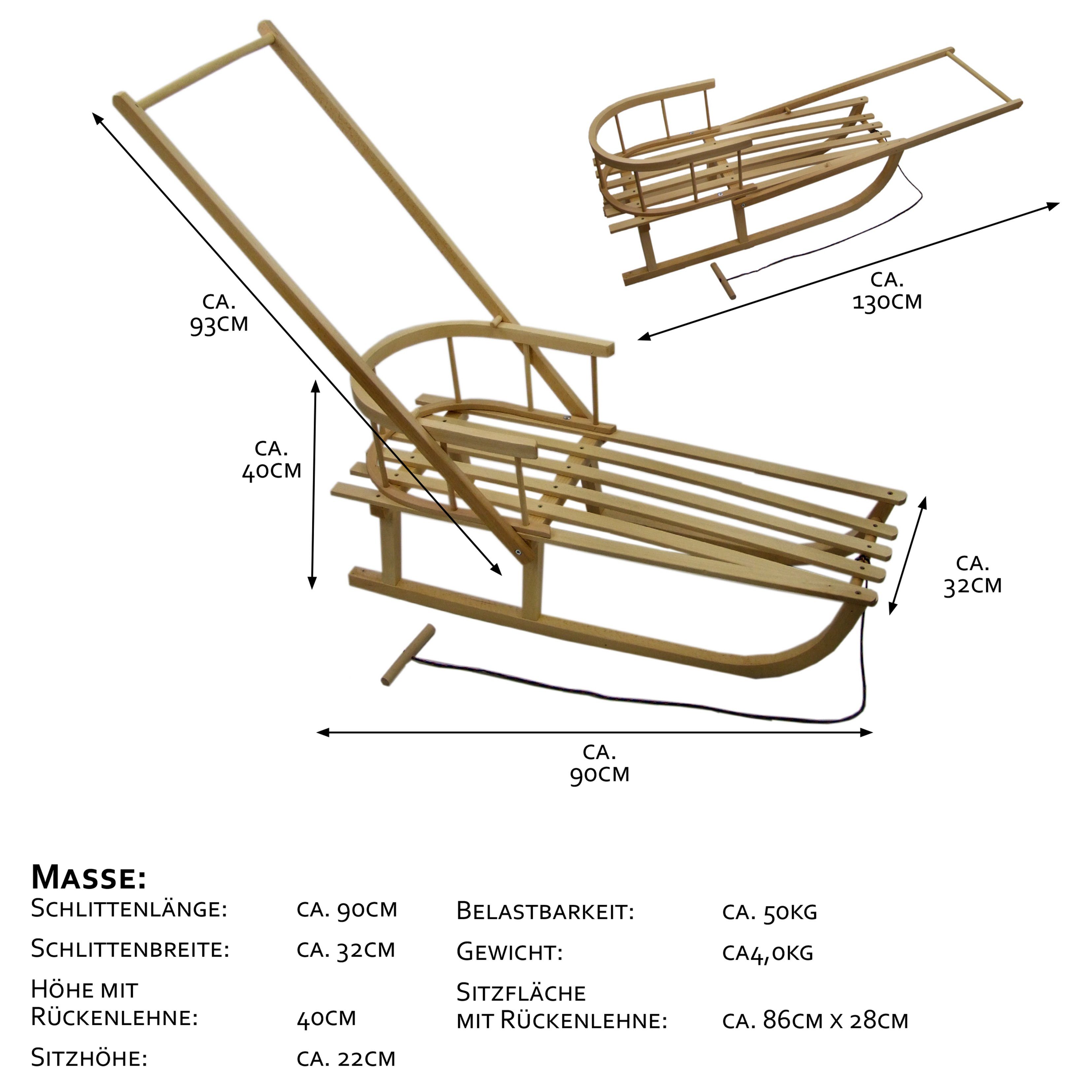 BambiniWelt by Rafael K. Davoser Schlitten CE-Holzschlitten mit Rückenlehne + Schiebestange Kinder Schlitten 90cm