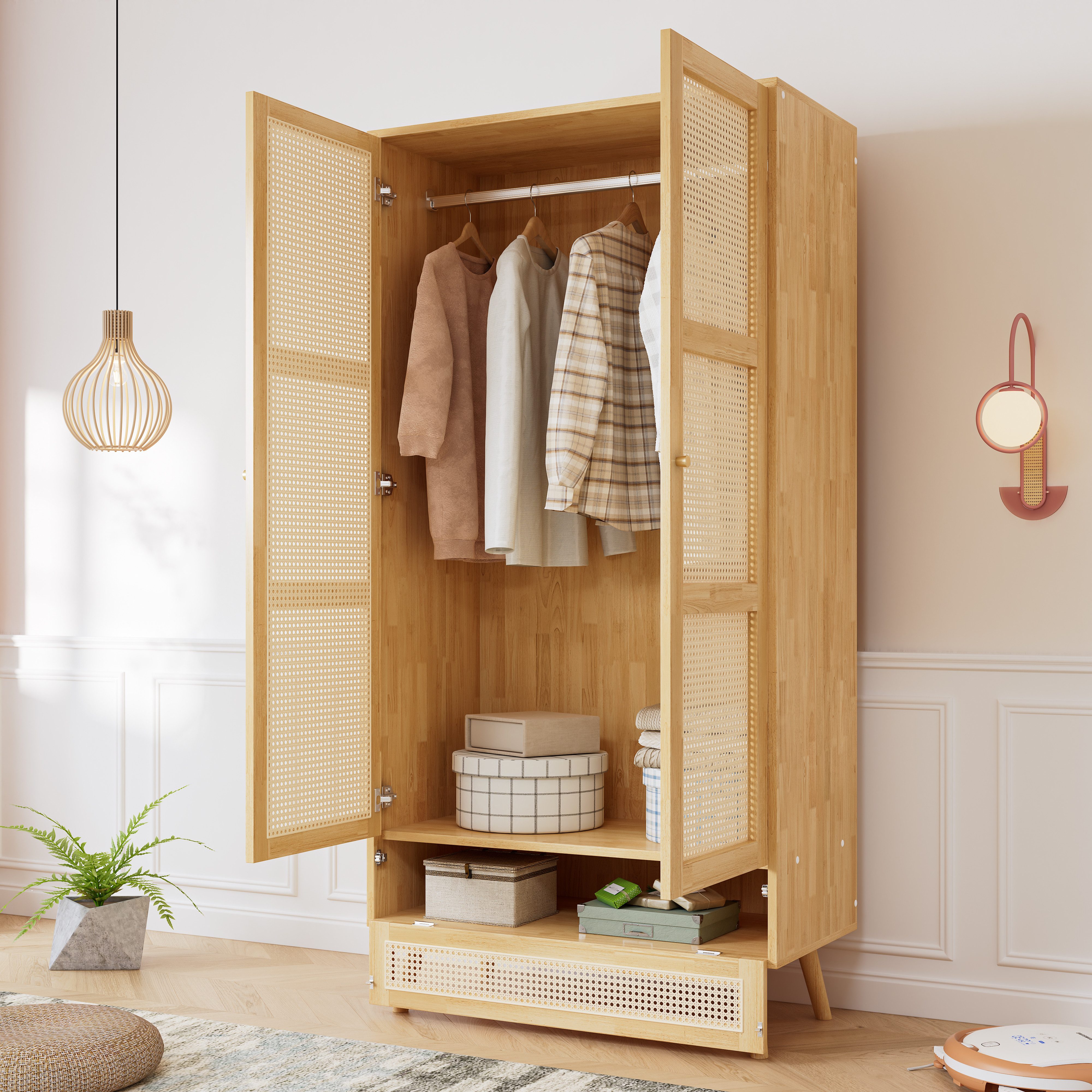 IDEASY Kleiderschrank 2-türiger Kleiderschrank Natur, Spanplatten + PE-Rattan (Flip-Top-Deckel, Stange, Rattannetz Design) Für Schlafzimmer & Wohnzimmer, Moderner Kleiderschrank mit Stauraum