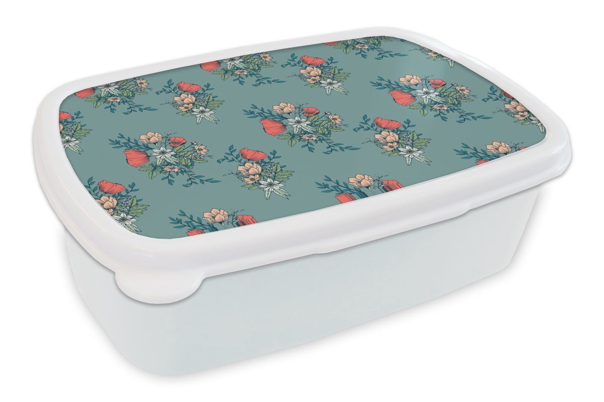 MuchoWow Lunchbox Blumenstrauß - Muster - Blumen - Mohn, Kunststoff, (2-tlg), Brotbox für Kinder und Erwachsene, Brotdose, für Jungs und Mädchen weiß | Lunchboxen