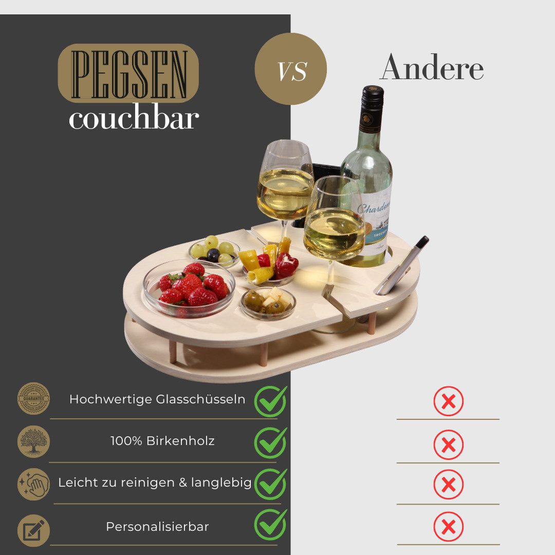 PEGSEN Servier-Set Weinbar Couchbar mit 4 Glasschalen, Birkenholz, Weingläser & Snacks stehen stabil und sicher