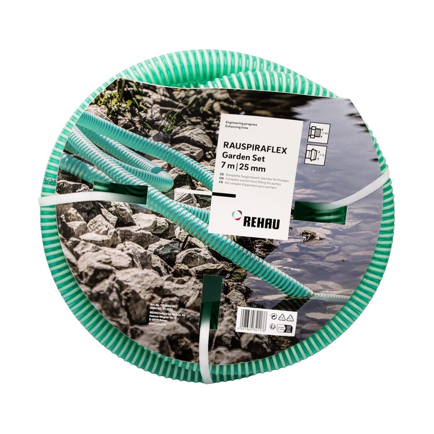 Rehau Spiralschlauch Saugschlauch Grün 7 m Ø 22 mm mit Messingarmatur für Gartenpumpe