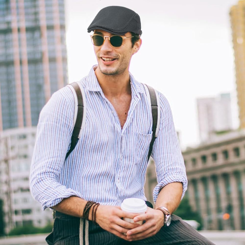 Zaewry Flat Cap Herren Atmungsaktive Mesh-Sommermütze Verstellbare Schiebermütze Baskenmütze Ivy Cap Cabbie Flat Cap – Bild 2 von 4