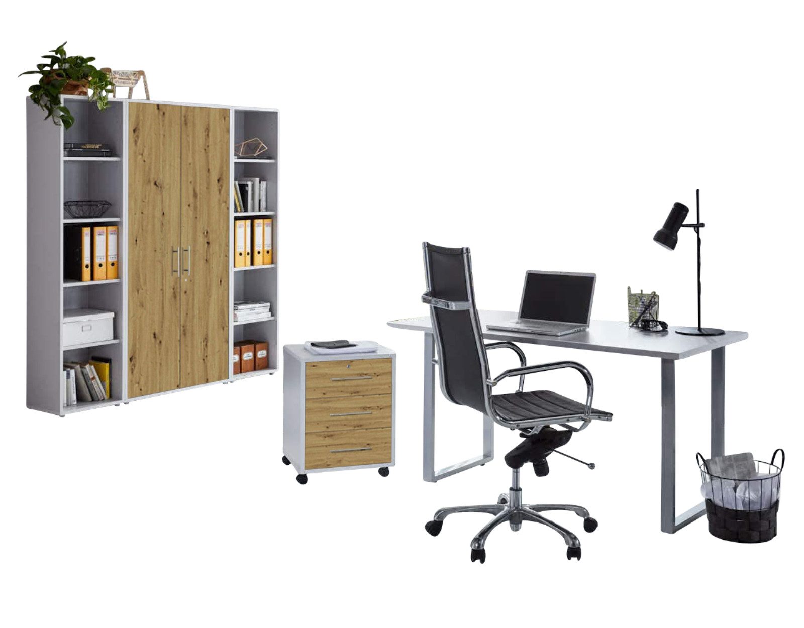 BMG Möbel Büromöbel-Set Office Edition Mini Set 3, (Spar-Set, 5-tlg., 5 teilig: Schreibtisch, Rollcontainer, Aktenschrank, 2 Aktenregalen), Büro-Set, abschließbar, viele Farbvarianten, Made in Germany