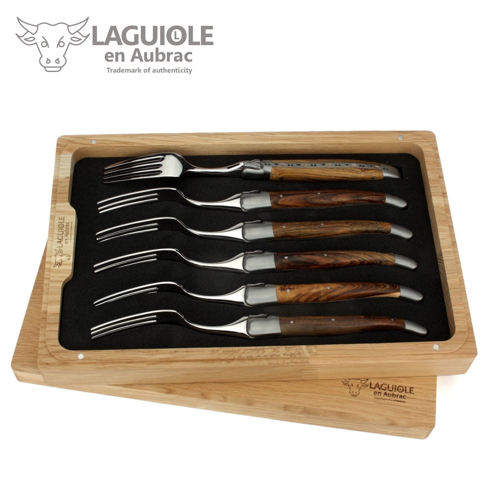 Laguiole en Aubrac Steakbesteck 62F99PIIF, 6 Gabeln - Griff Pistazie - Backen matt - Gabelteil Stahl glänzend