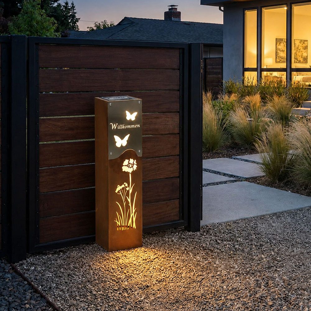 Harms Import LED Solarleuchte, LED-Leuchtmittel fest verbaut, Warmweiß, LED Solarleuchte Dekosäule Edelstahl rost silber Akku H 57,5 cm