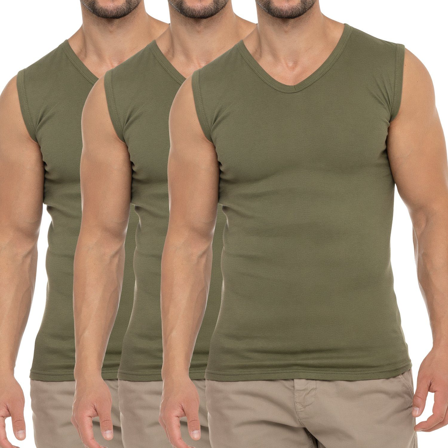 celodoro Unterhemd Herren Business Muskelshirt V-Neck (3er Pack) Muscle Shirt Olive