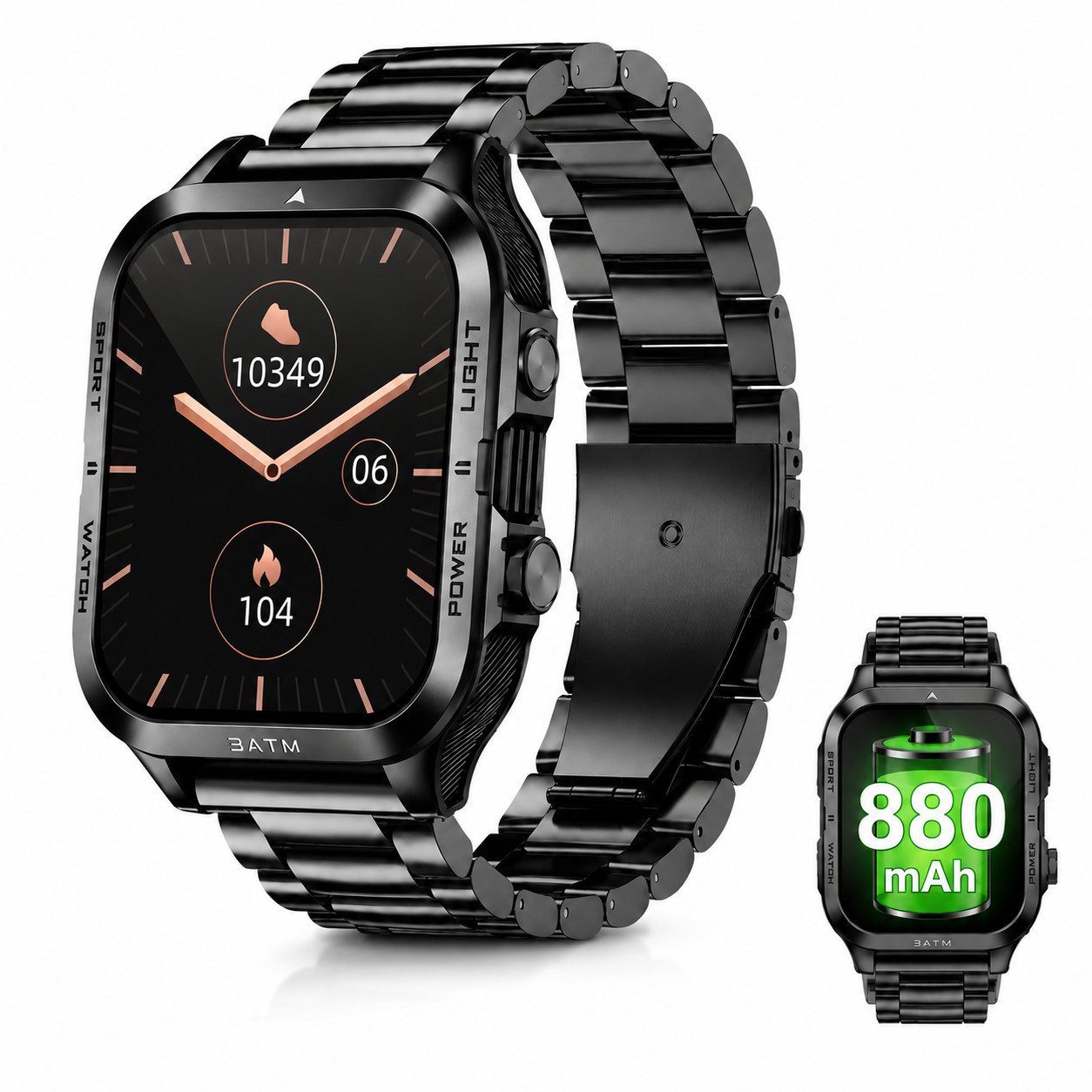 ibettertec Herren Smartwatch Outdoor mit Telefonfunktion, Smartwatch (4,98 cm) Militärische Fitnessuhr mit Bluetooth-Anruf, LED-Taschenlampe, 100 Tage Akku, 3ATM wasserdicht, Pulsmesser, Schlafmonitor, Sport Smartwatch für Android iOS