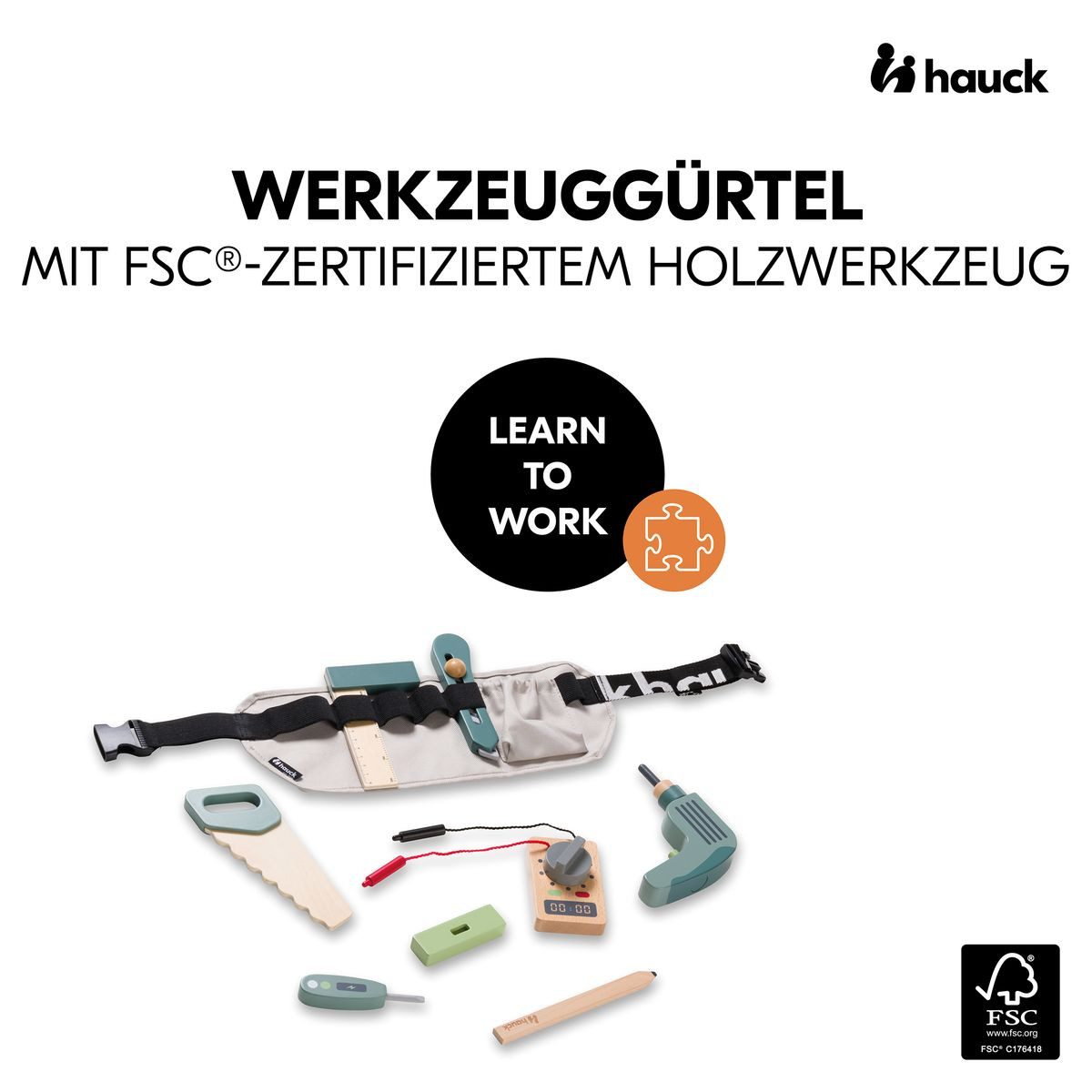 Hauck Steckspielzeug Learn to Work, (9-tlg), 9-tlg. Holz Kinder Werkzeug Set inkl. Gürtel für kleine Handwerker