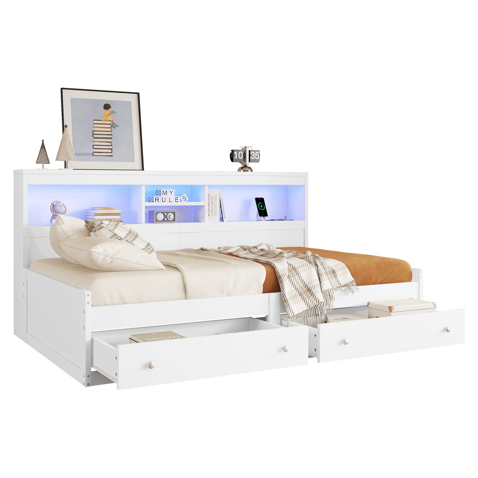 Merax Daybett, mit USB, Landeanschlüsse und LED, Tagesbett, Schlafsofa mit Schubladen