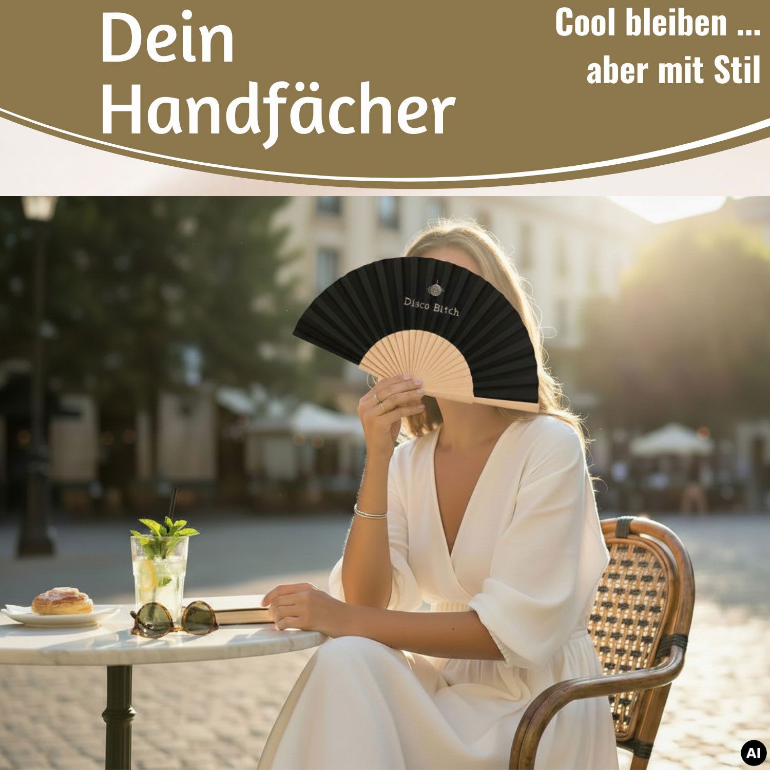 LS-LebenStil Handfächer Holz Stoff Fächer "Disco Bitch" Schwarz Weiß faltbar Faltfächer, (hochwertig aus Holz mit Stoff und coolem lustigem Spruch, 1-tlg., Styliche Abkühlung), für Geburtstag, Hochzeit, Party oder als Wand Dekoration