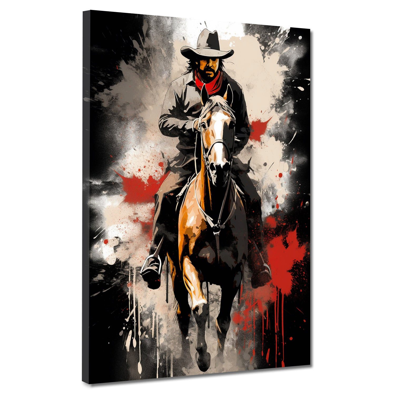 Artedinoi Leinwandbild Western Cowboy auf Pferd Dark Style Leinwandbild Wandbild XXL, Cowboy auf Pferd, dunkel