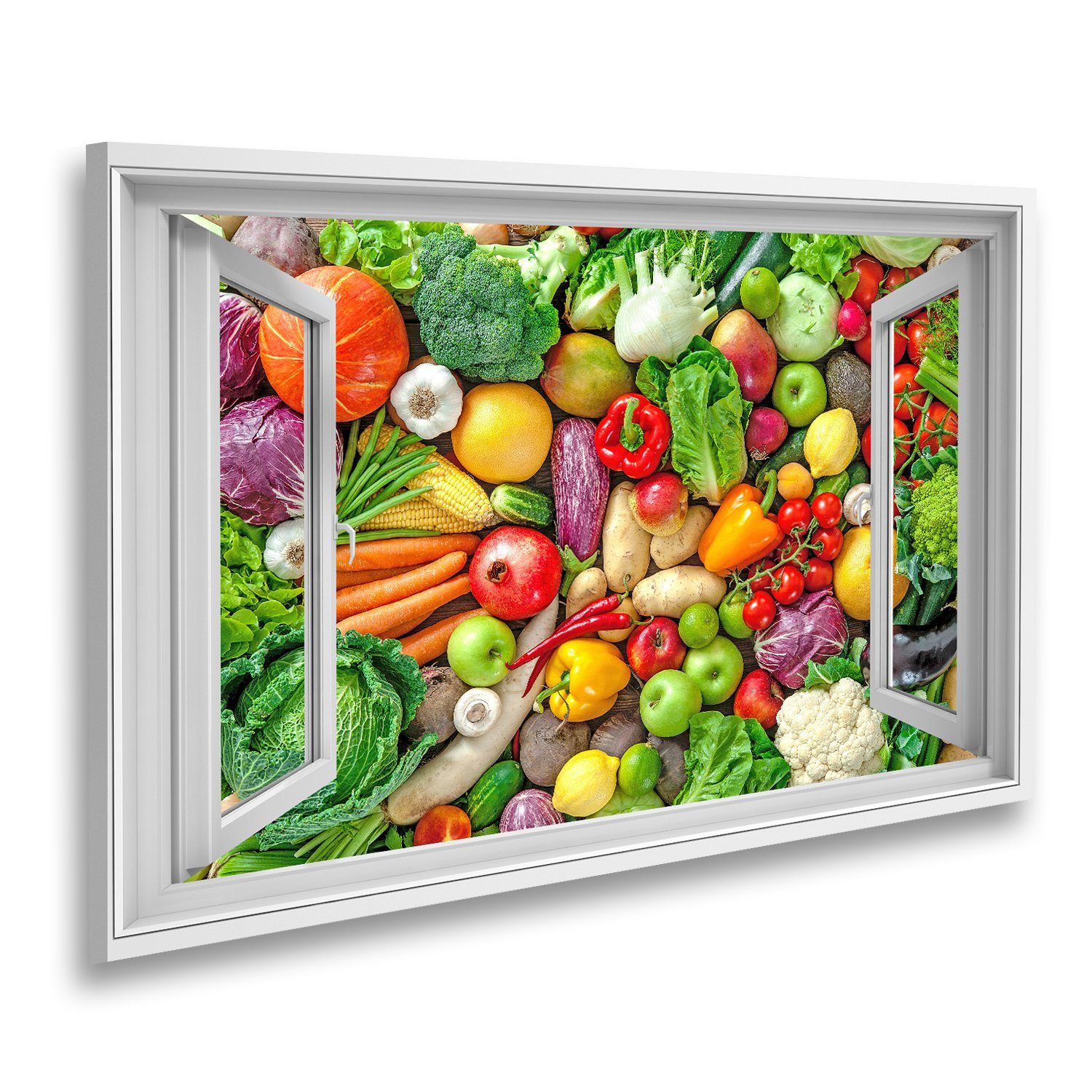 islandburner Leinwandbild Fensterblick Frisches Obst und Gemüsesortiment Sagenhafter Effekt Wand