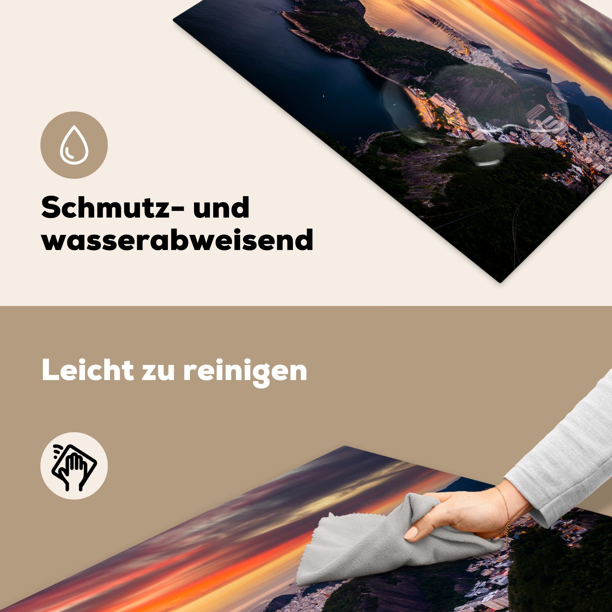 MuchoWow Herdblende-/Abdeckplatte Rio 81x52 die Vinyl, Sonnenuntergang, cm, Schutz für Janeiro bei Ceranfeldabdeckung Induktionskochfeld de küche, (1 tlg)