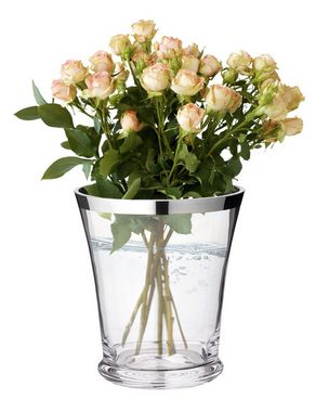 EDZARD Dekovase Reuben, Vase für Pampasgras und frische Blumen, Blumenvase für Wohnzimmer Deko, Deko Schlafzimmer und Fensterbank, Glasvase mit Platinrand, Ø 20cm