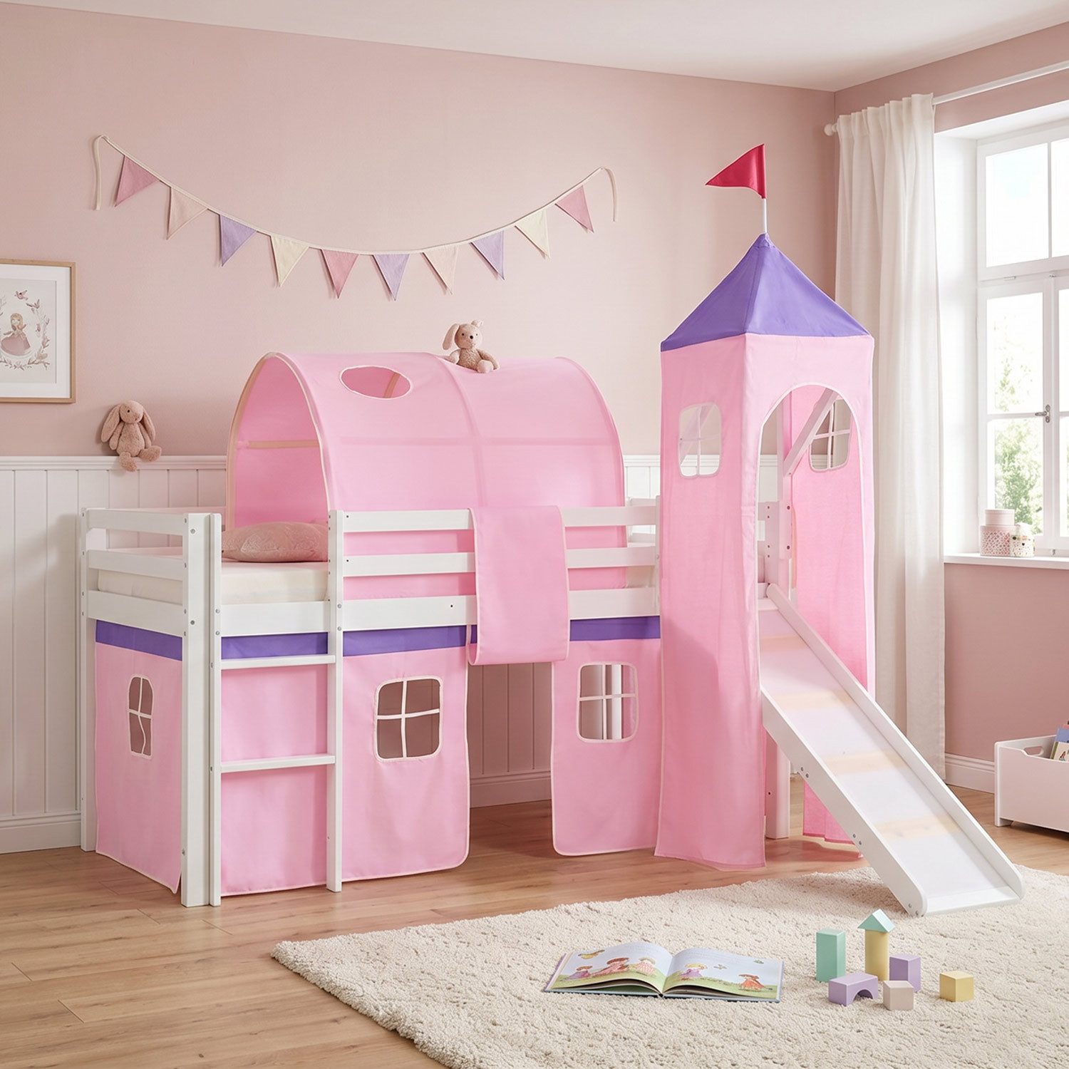 Homestyle4u Hochbett Kinder mit / ohne Matratze mit / ohne Rutsche 90x200 Rosa Mädchen (Komplett-Set mit Lattenrost, mit Rutsche, Tunnel und Turm, Matratze mit OEKO-TEX® Standard 100) Kiefer, Jungen Mädchen, Spielbett