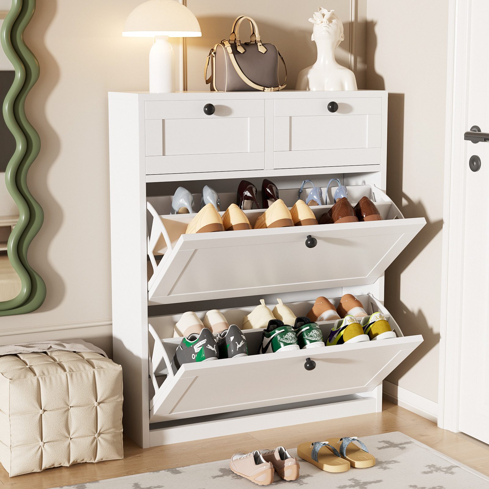 VOWNER Schuhschrank mit 2 Klappen, Einstellbarer Schmal Schuhregal, 80 x 24 x 100 cm (1-St) 2 Flip-Schubladen mit anpassbaren Regalen