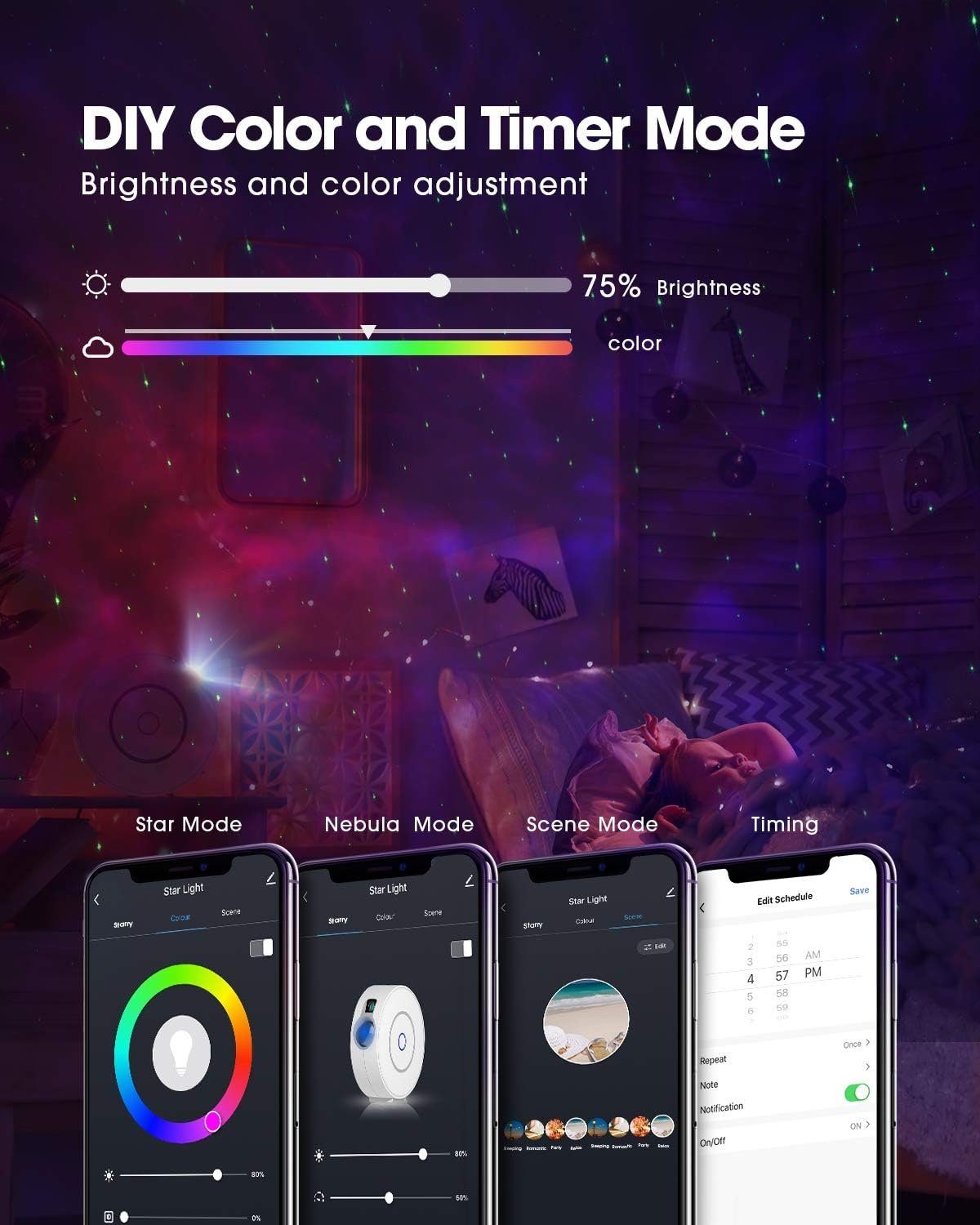 DOPWii Nachtlicht LED Dimming/Stimmenkontrolle/3D RGB mit Projektor, Sternenhimmel Weiss Projektor, Galaxy WiFi