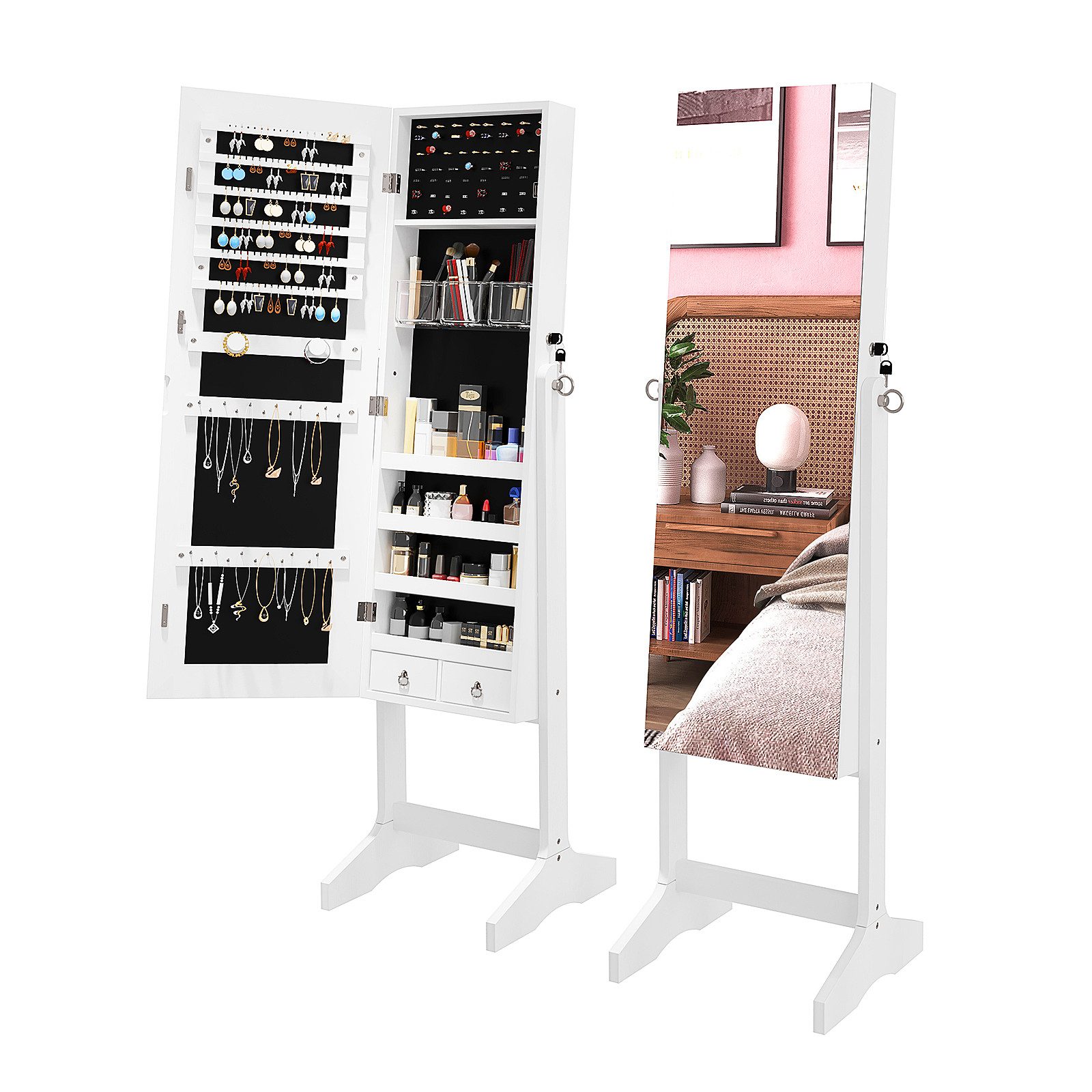 Schmuckschrank Schmuck Spiegelschrank abschließbar 2 in 1 Make-Up und Schmuck