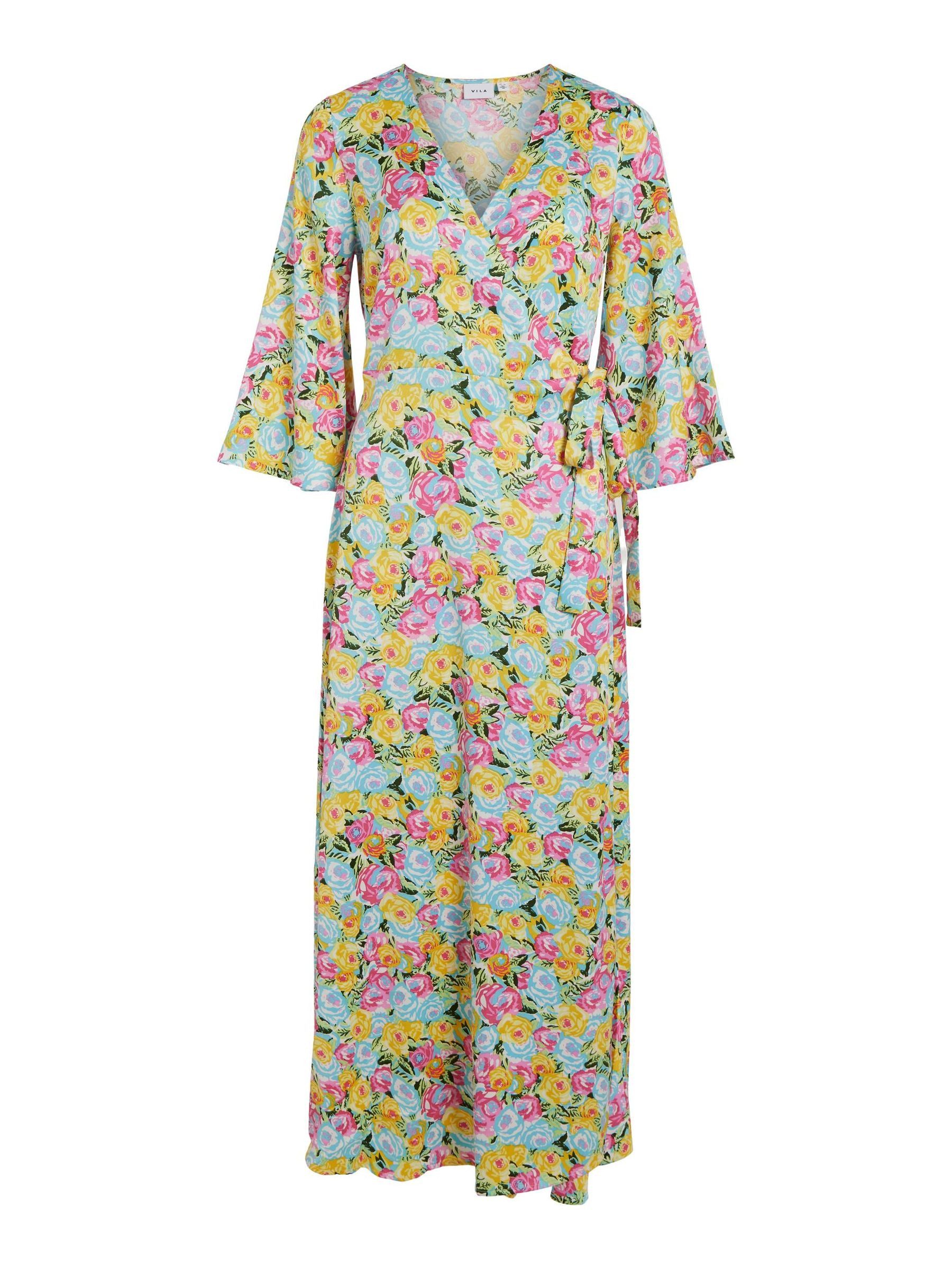 Vila Shirtkleid Legeres Blusenkleid mit Kimono Ärmel Midi Dress VISUNA (knielang) VISUNA V-NECK 3/4 MIDI DRESS/DC/SU