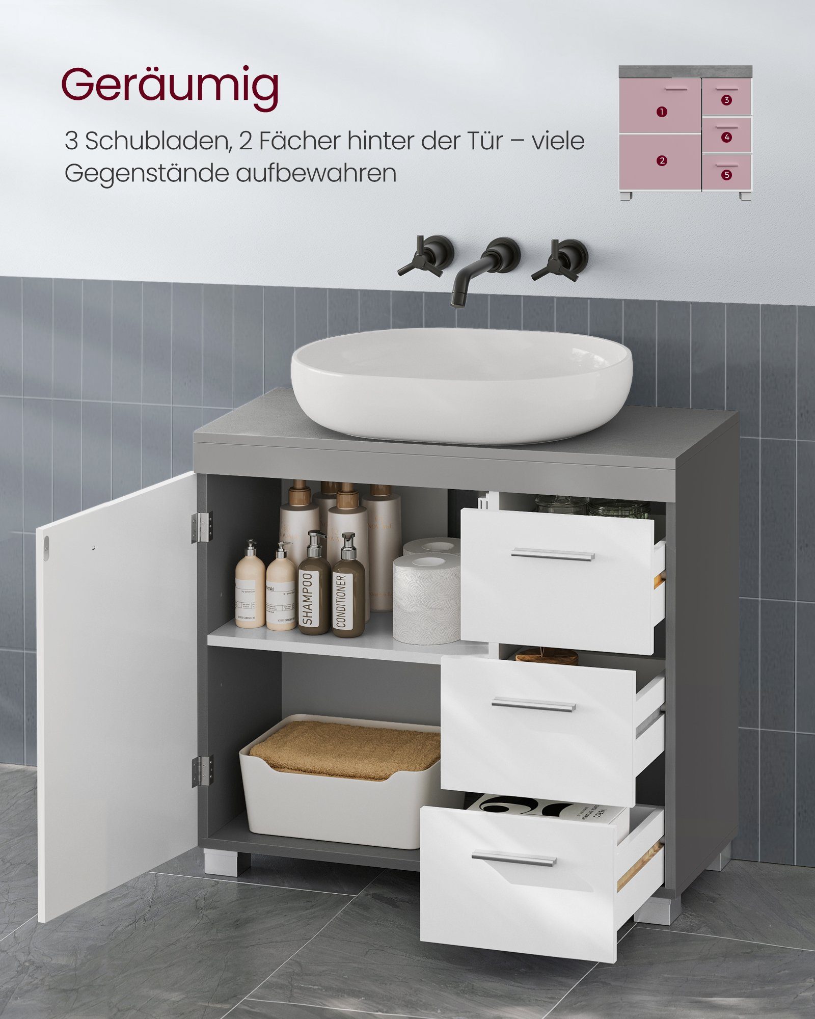 VASAGLE Waschbeckenunterschrank 3 mit 30 Füßen, 64 weiß-zementgrau cm Schubladen, x 70 x