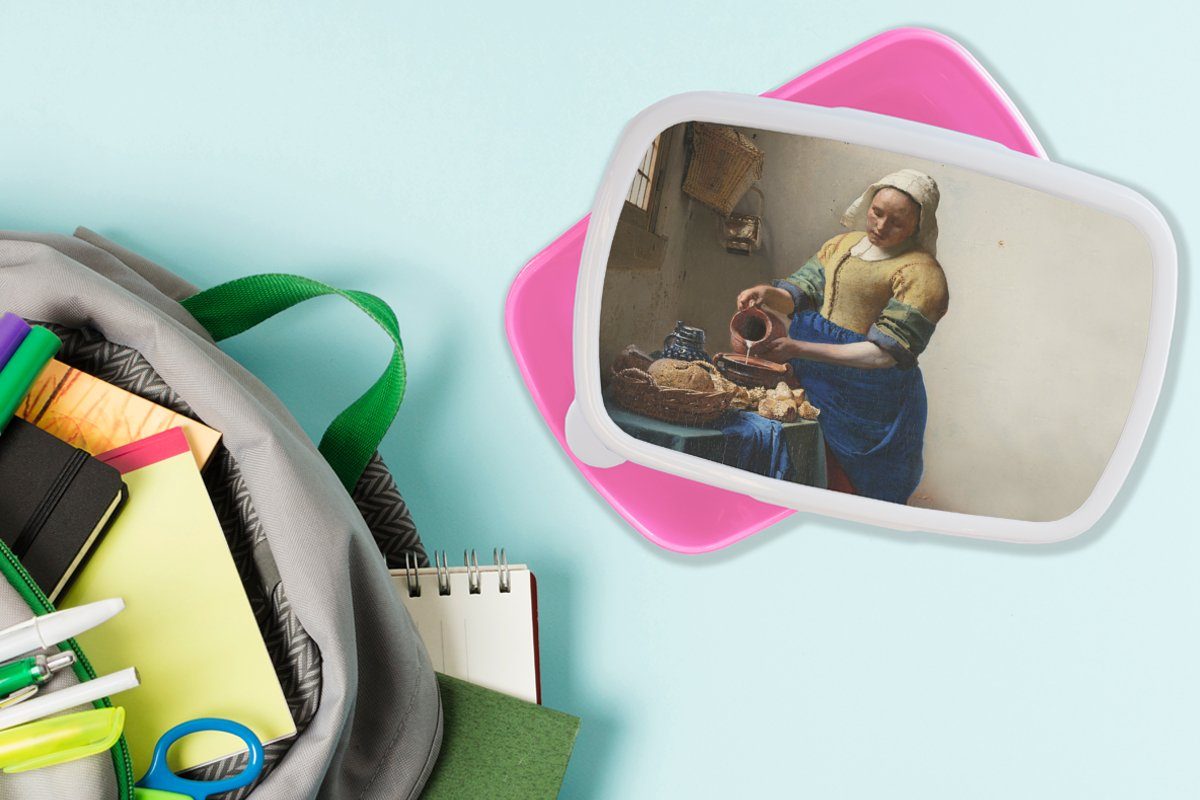 Meister für Kunst Lunchbox (2-tlg), rosa Alte Mädchen, - - Brotdose - MuchoWow Kinder, Milchmädchen Brotbox Erwachsene, Vermeer, Kunststoff, Das Snackbox, Kunststoff